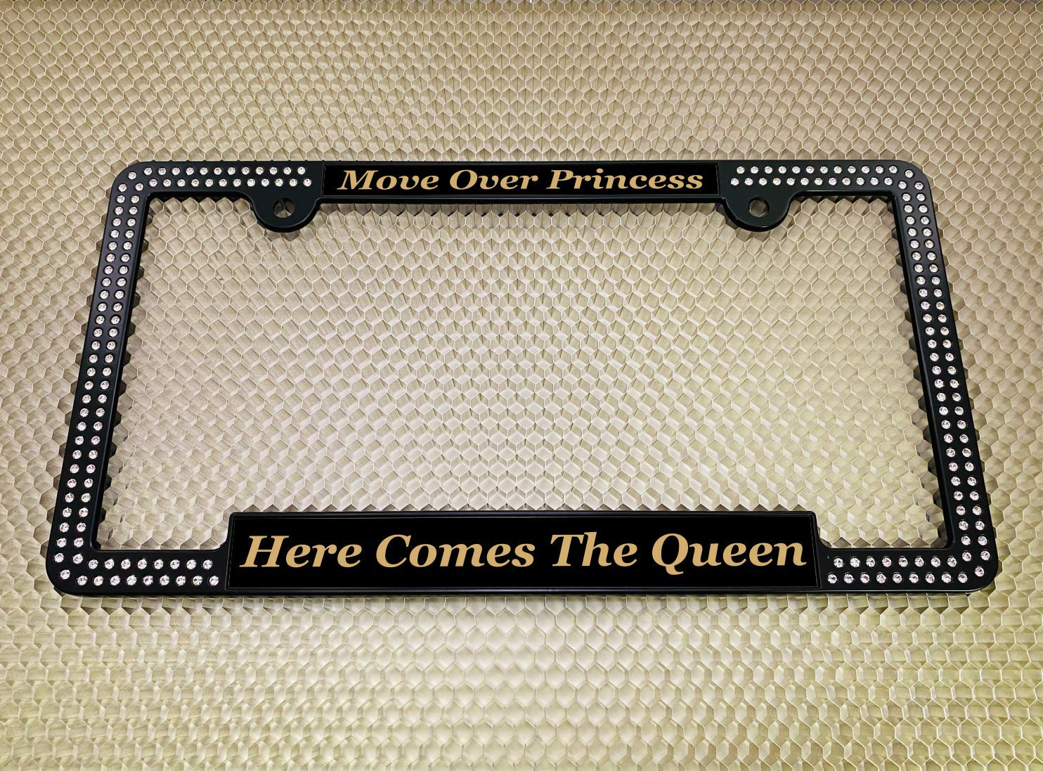 Custom Laser Engraved Black & Gold License Plate Frame with Clear Crystals - Personalized Text Design, Free Caps - Perfect for Cars, Trucks, and Motorcycles
