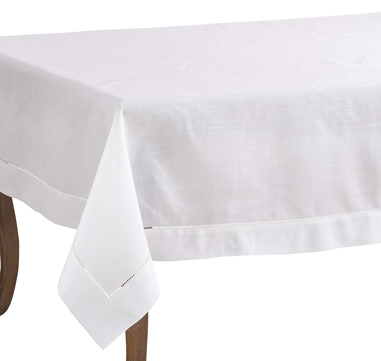 Fennco Styles Rochester Collection 70 x 104 Inch White Hemstitched Polyester Tablecloth - Elegant Dining Table Cover for Banquet, Wedding, Family Dinner & Special Occasions | Perfect for Formal Dining, Holiday Gatherings & Restaurant Decor