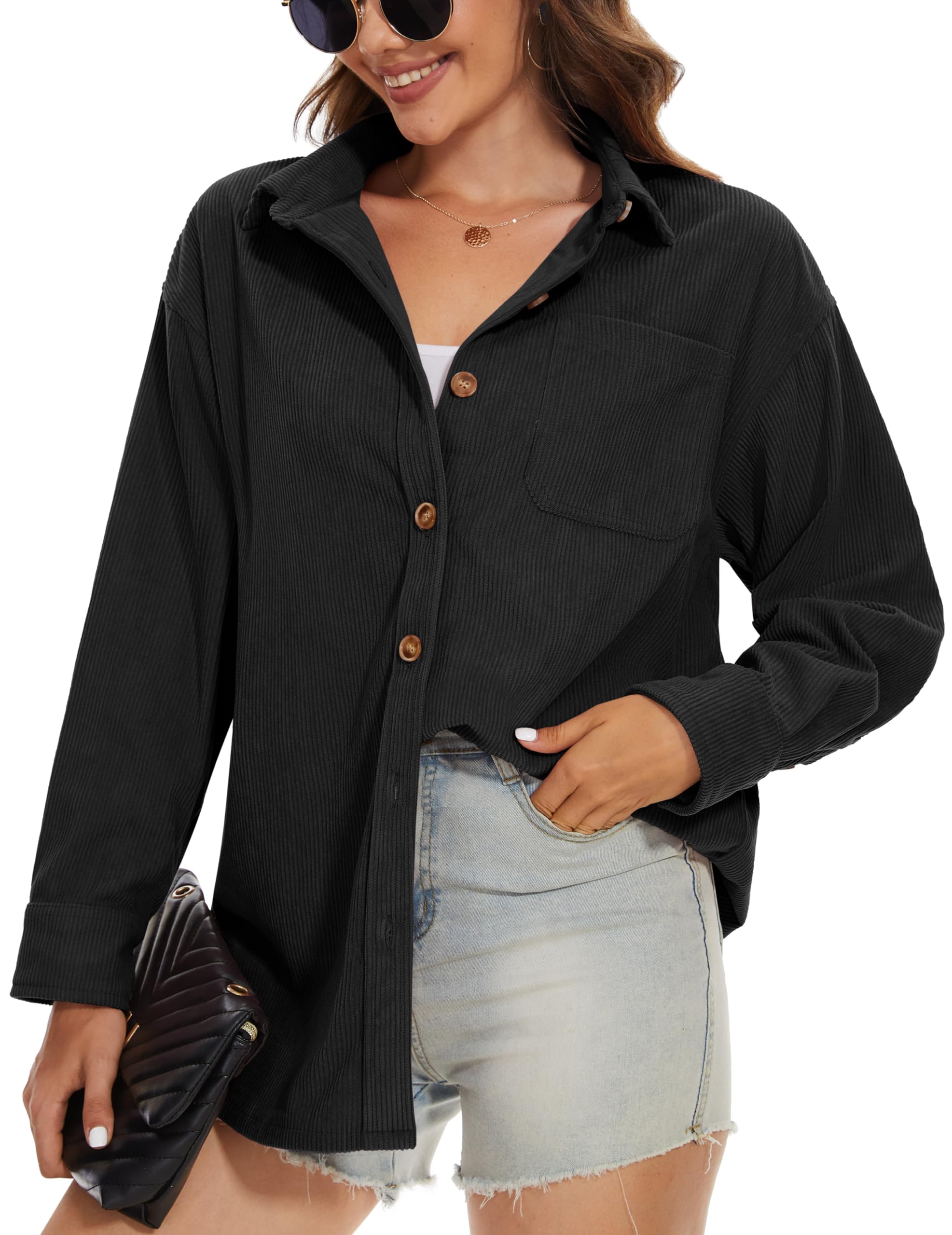 MAGCOMSEN Women's Corduroy Shacket - Long Sleeve Button Down Shirt Jacket with Bust Pocket, Loose Fit Casual Blouse for Spring | Perfect for Layering, Office Wear & Weekend Outfits