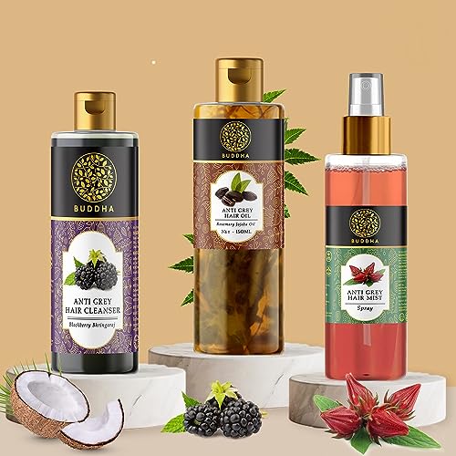 Buddha Natural Anti Grey Hair Combo Set - Hair Oil (150ml), Shampoo (200ml), Spray Mist (150ml) - Complete Grey Hair Treatment & Care Kit for Men & Women - Reduce & Prevent Premature Graying for Daily Hair Routine & Styling