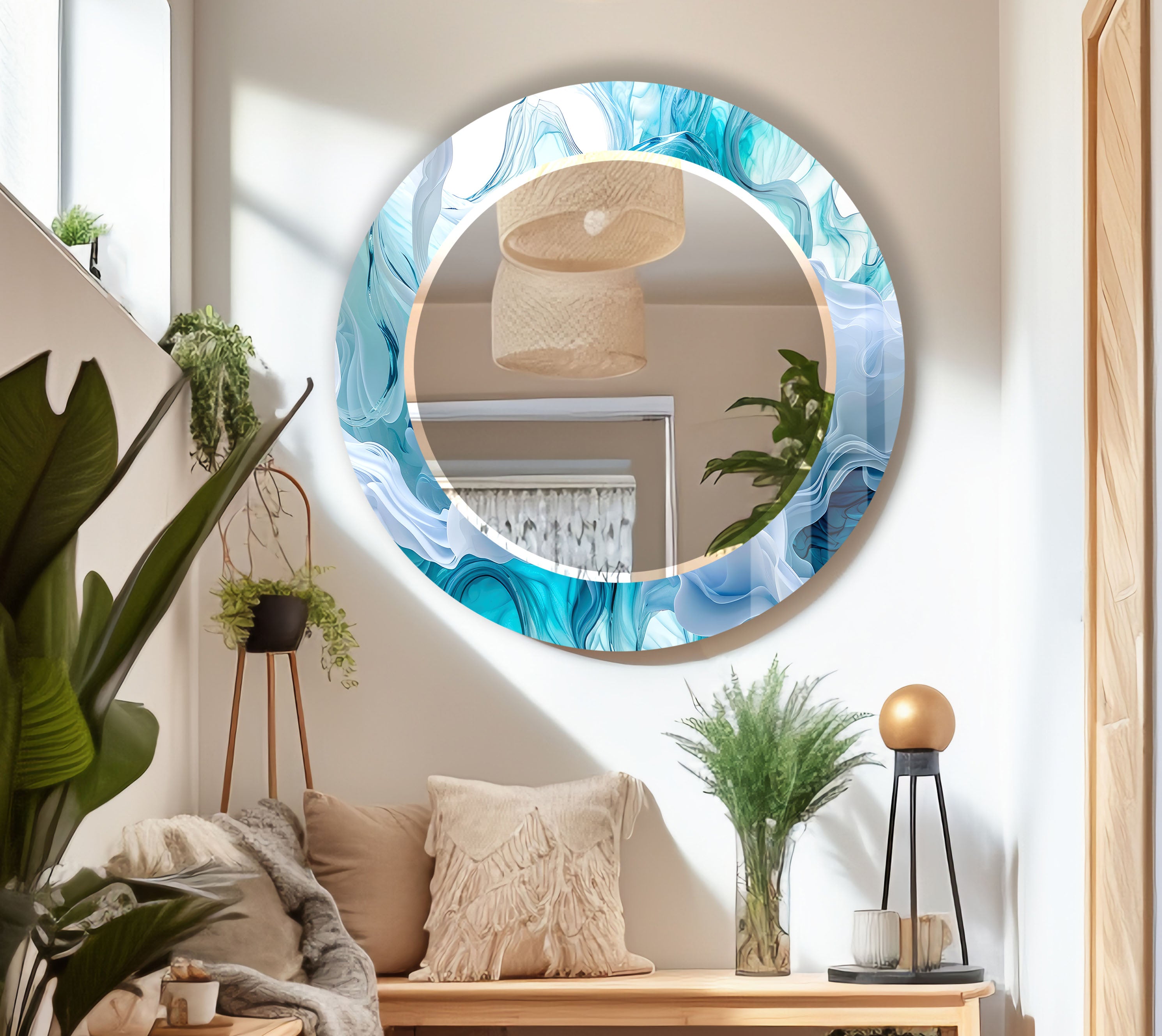 Aqua Blue Swirl Round Wall Mirror - Ocean Inspired Glass Frame for Coastal Home Decor | Bathroom, Bedroom & Living Room Wall Art | Nautical Themed Decor