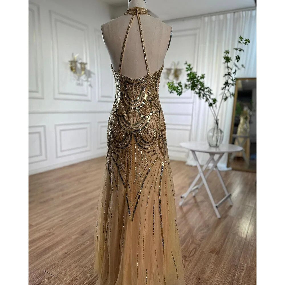 Elegant Gold Halter Mermaid Evening Dress with Sequins & Beads - Women's Sparkly Formal Gown for Weddings, Parties & Special Occasions | LA6461