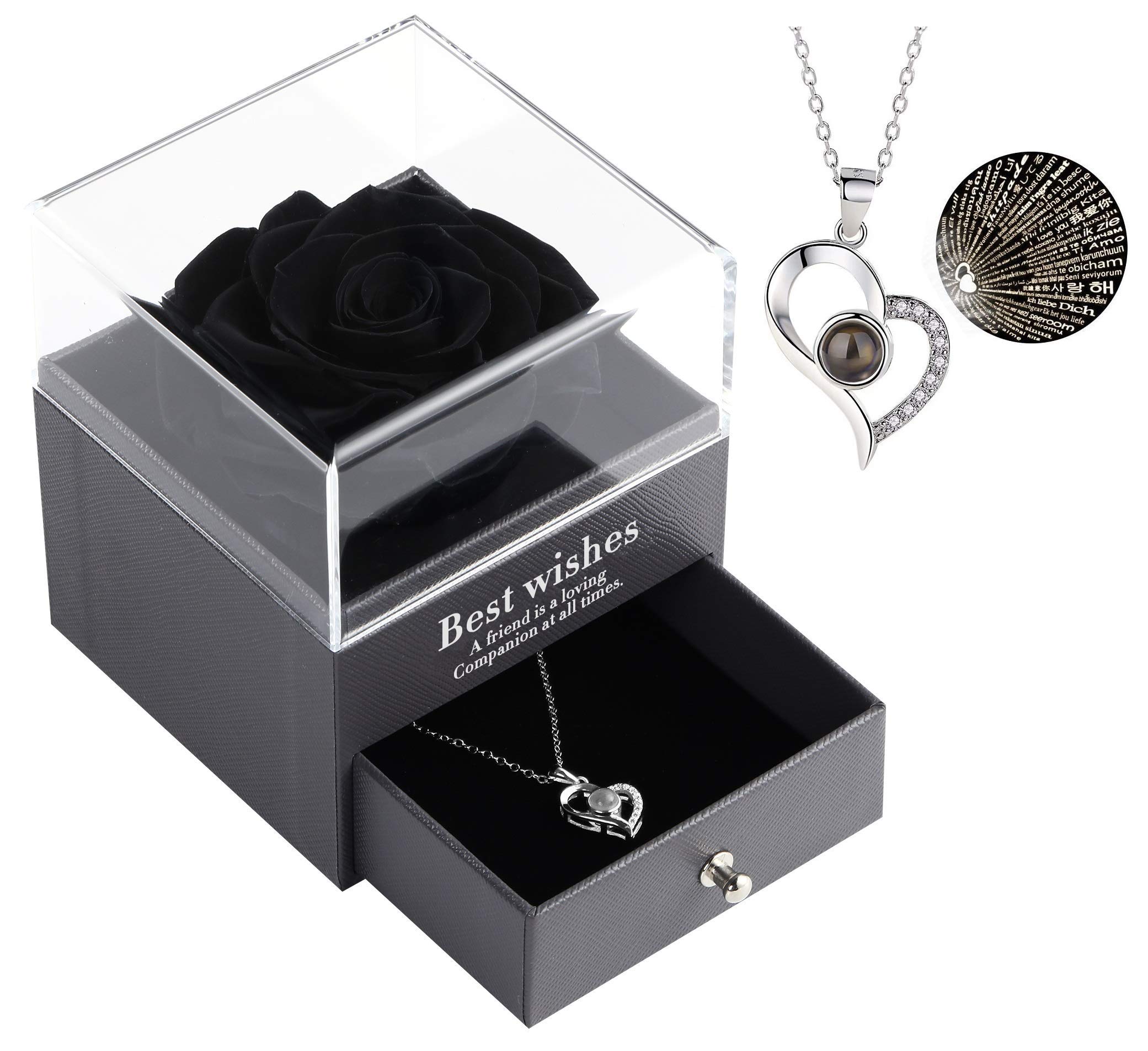 Eternal Rose Drawer with 'I Love You' Necklace - 100 Languages Gift Set, Handmade Preserved Real Rose for Valentine's Day, Wedding, Anniversary & Birthday Gifts for Women (Black) - Perfect for Romantic Surprises, Proposal Gifts & Special Occasions