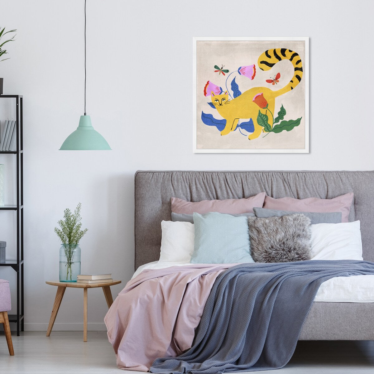 Blonde Tabby Floral Kitten Butterfly Garden Modern Yellow Framed Wall Art Print - Home Decor for Bedroom, Living Room & Nursery | Perfect Gift for Cat Lovers