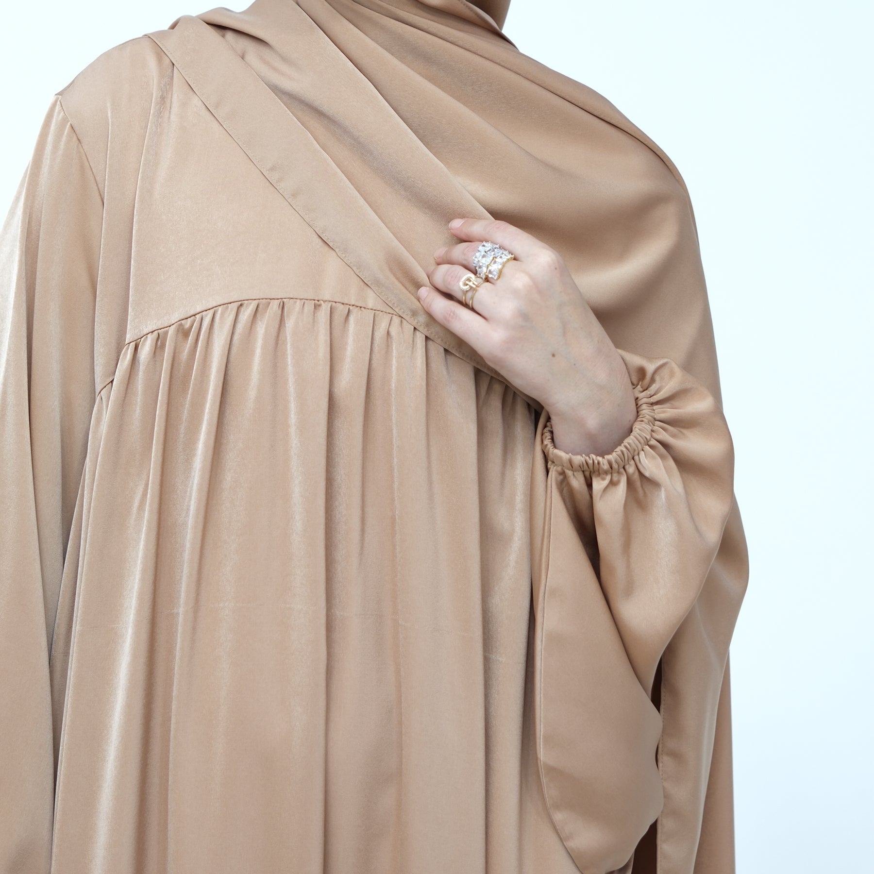 Amelia Satin Abaya Set in Camel Color - Modest Muslim Prayer Dress for Women | Perfect for Eid, Ramadan & Special Occasions