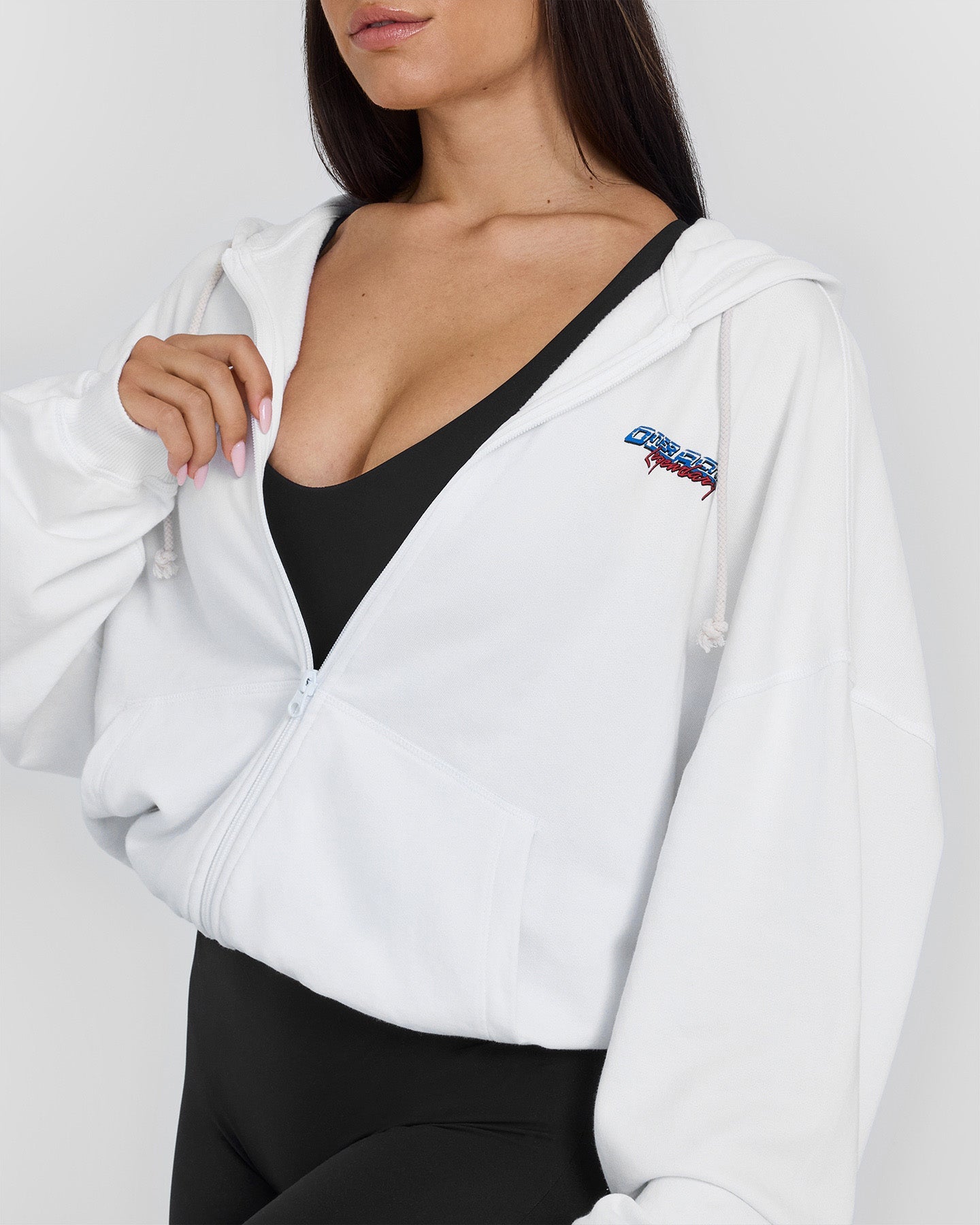 Raw Lounge Oversized Zip Through Hoodie with Graphic Print | White | Cozy Streetwear for Men & Women | Perfect for Casual Outings, Gym Sessions and Loungewear