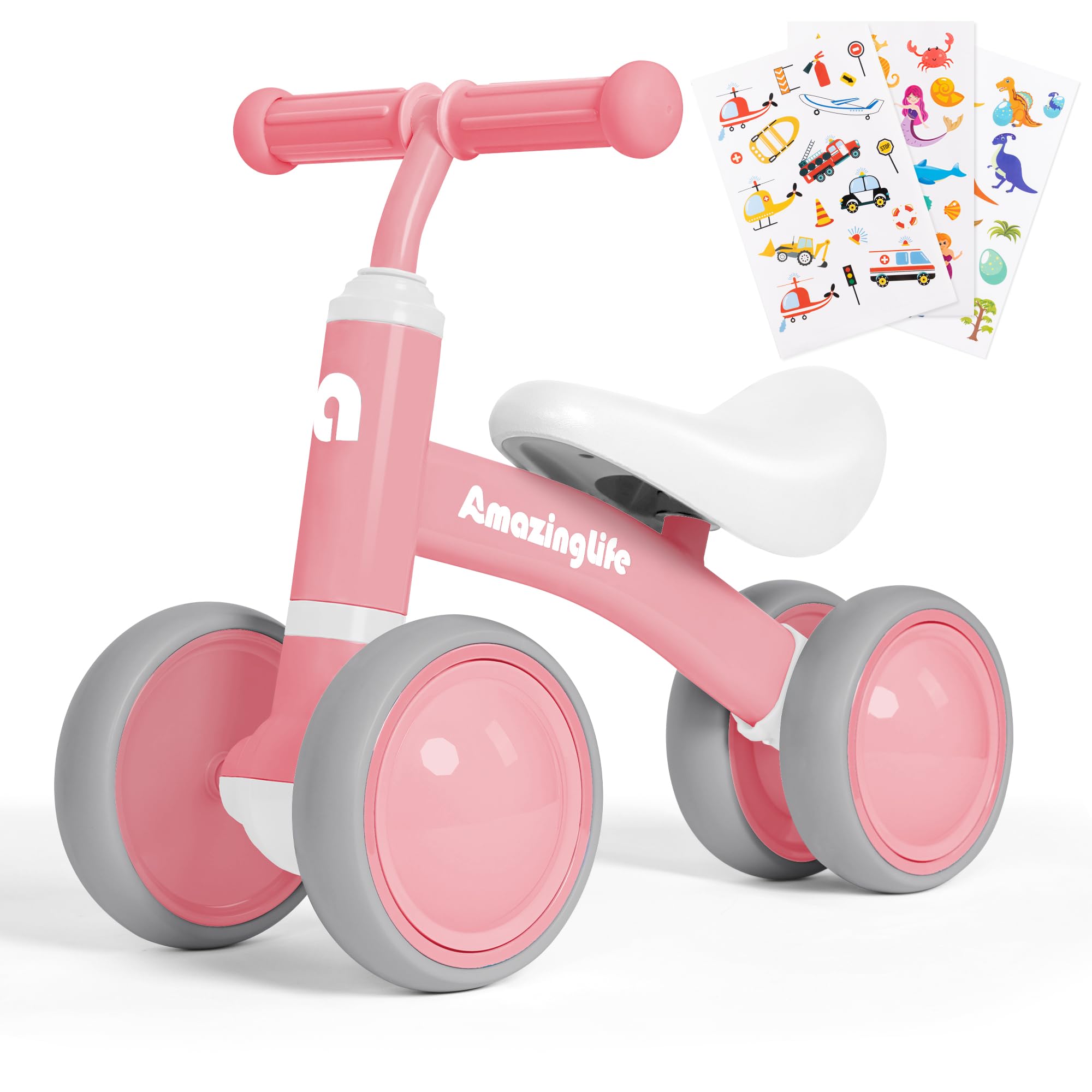 **Best Balance Bike for 1 Year Old (10-24 Months) - No Pedal 4-Wheel Toddler Bike with Cartoon Stickers | First Birthday Gift for Boys & Girls | Indoor & Outdoor Ride-On Toy for Early Learning & Play**