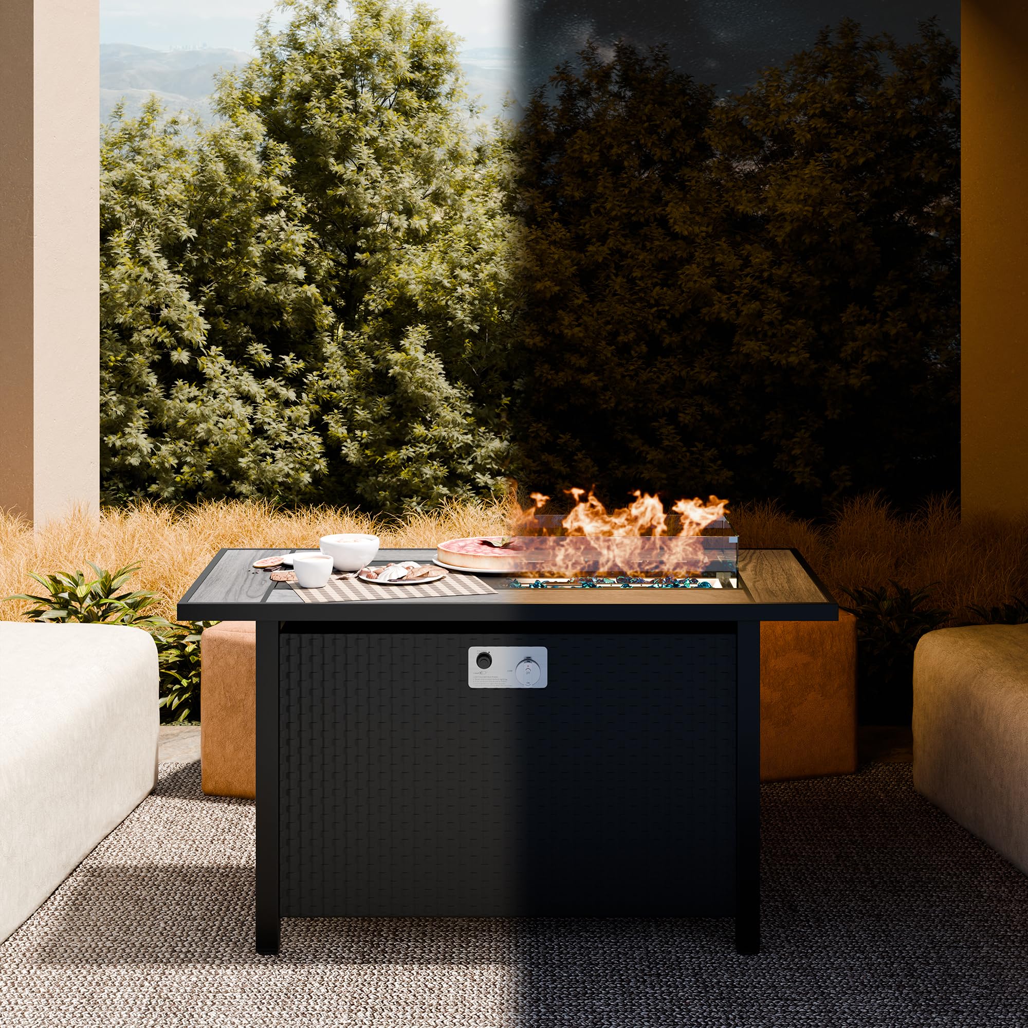JAMFLY 45 Inch Propane Fire Pit Table - 50,000 BTU Outdoor Gas Fire Pit with Glass Wind Guard & Blue Glass Rocks - Waterproof Cover Included - Perfect for Patio, Backyard, and Garden Gatherings (Gray)