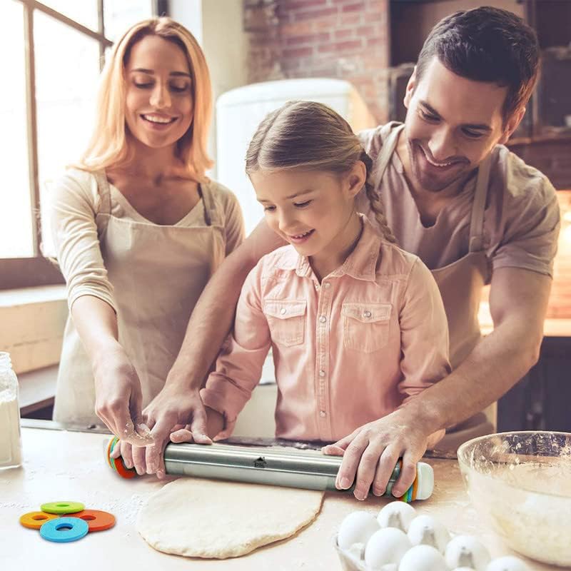 Stainless Steel Rolling Pin for Baking with Thickness Rings, Non-Stick Rolling Mat & Cleaning Brush - 17 Inch Professional Dough Roller for Pizza, Pie, Pastry, Cookies | Perfect for Home Bakers & Commercial Kitchens