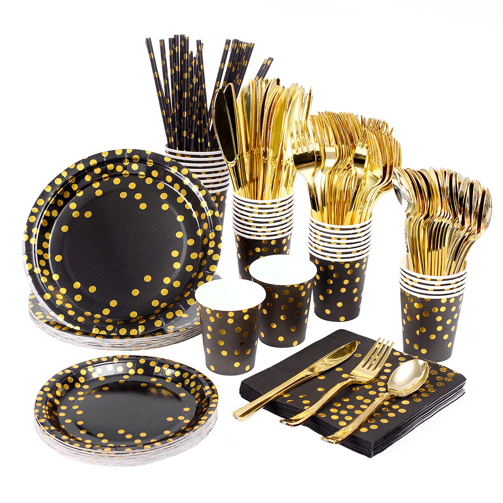 200-Piece Black Party Supplies Set - Gold Dot Black Paper Plates, Napkins, Cups & Silverware for 25 Guests | Perfect for Graduation Parties, Birthday Celebrations, Cocktail Events & Halloween Decorations | Elegant Dinnerware for Themed Parties & Special Occasions