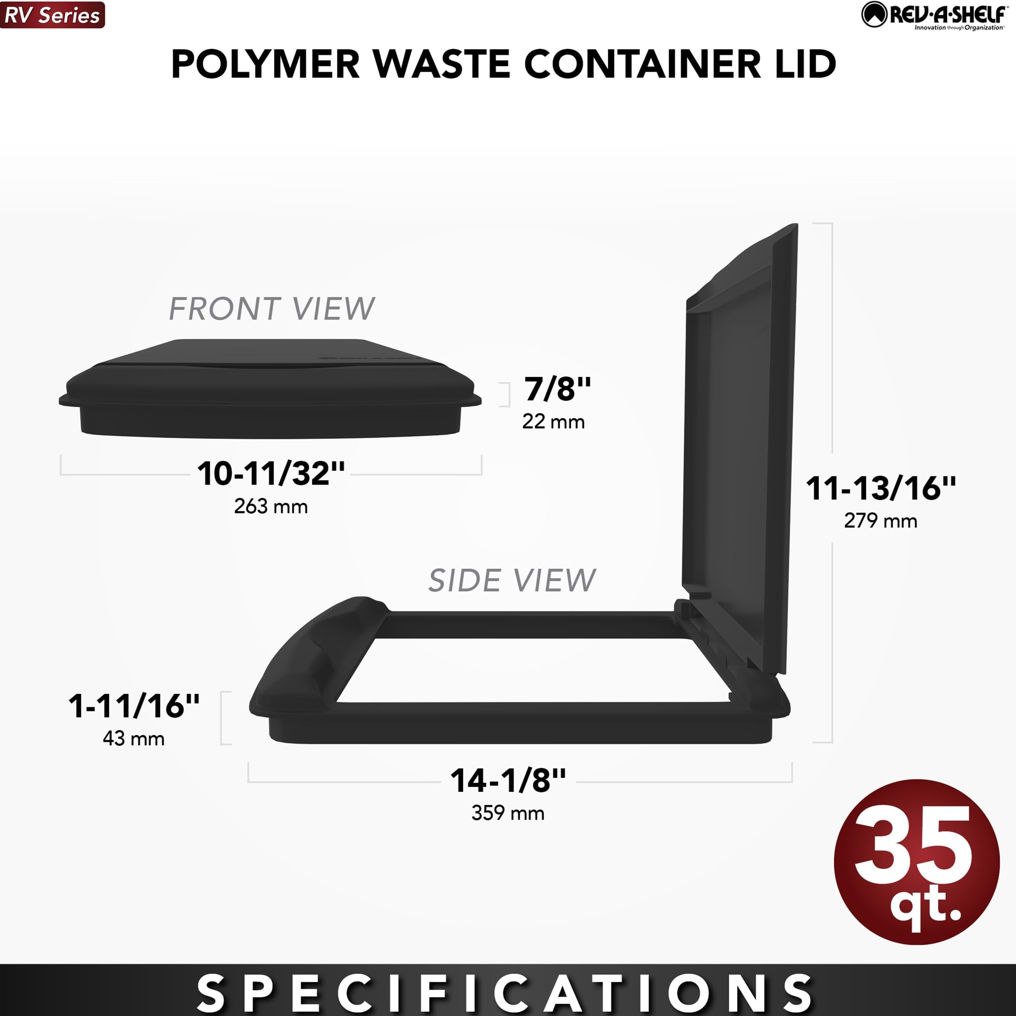 Rev-A-Shelf 35 Quart Replacement Garbage Can Lid - Black Plastic Trash Bin Cover for Kitchen & Bathroom Cabinets, RV-35-LID-18-1 - Perfect for RV, Home, and Office Organization