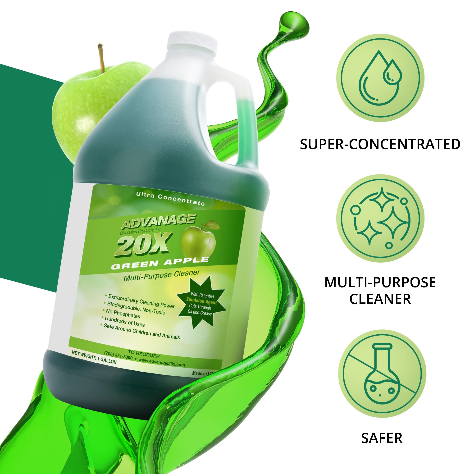Advanage 20X All-Purpose Cleaner Concentrate - Green Apple Scent, Multi-Surface Household Cleaner for Kitchen, Bathroom & Floors | Removes Oil, Grease & Stains | 128oz Eco-Friendly Cleaning Solution for Home & Office Use