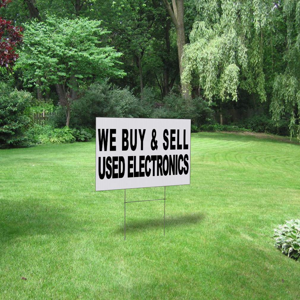 We Buy Used Electronics - Weatherproof 18x12 Inch Double-Sided Black Yard Sign for Lawn & Garden - Perfect for Garage Sales, Flea Markets & Electronics Stores
