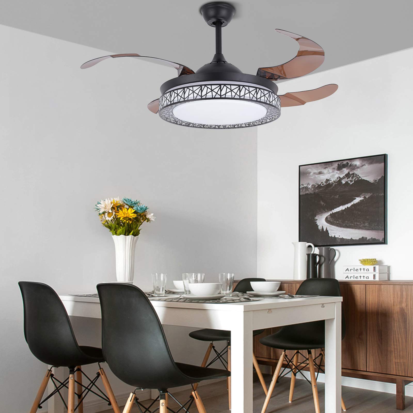 42 Inch Black Retractable Ceiling Fan with LED Lights & Remote Control - Modern Smart Fan Chandelier, 3 Color Temperatures & 3 Speed Settings, Indoor Fandelier for Bedroom, Living Room, Office & Dining Room (Black) - Perfect for Home Cooling & Stylish Lighting Decor