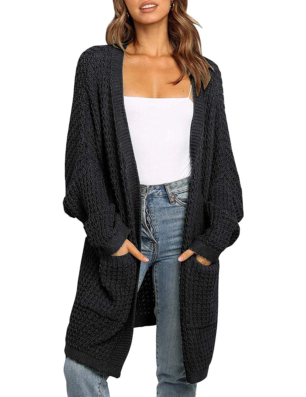 MEROKEETY Women's Oversized Long Batwing Sleeve Cardigan Waffle Knit Sweater Coat - Soft & Cozy Open Front Sweater for Fall & Winter, Perfect for Casual Outfits, Office Wear and Loungewear