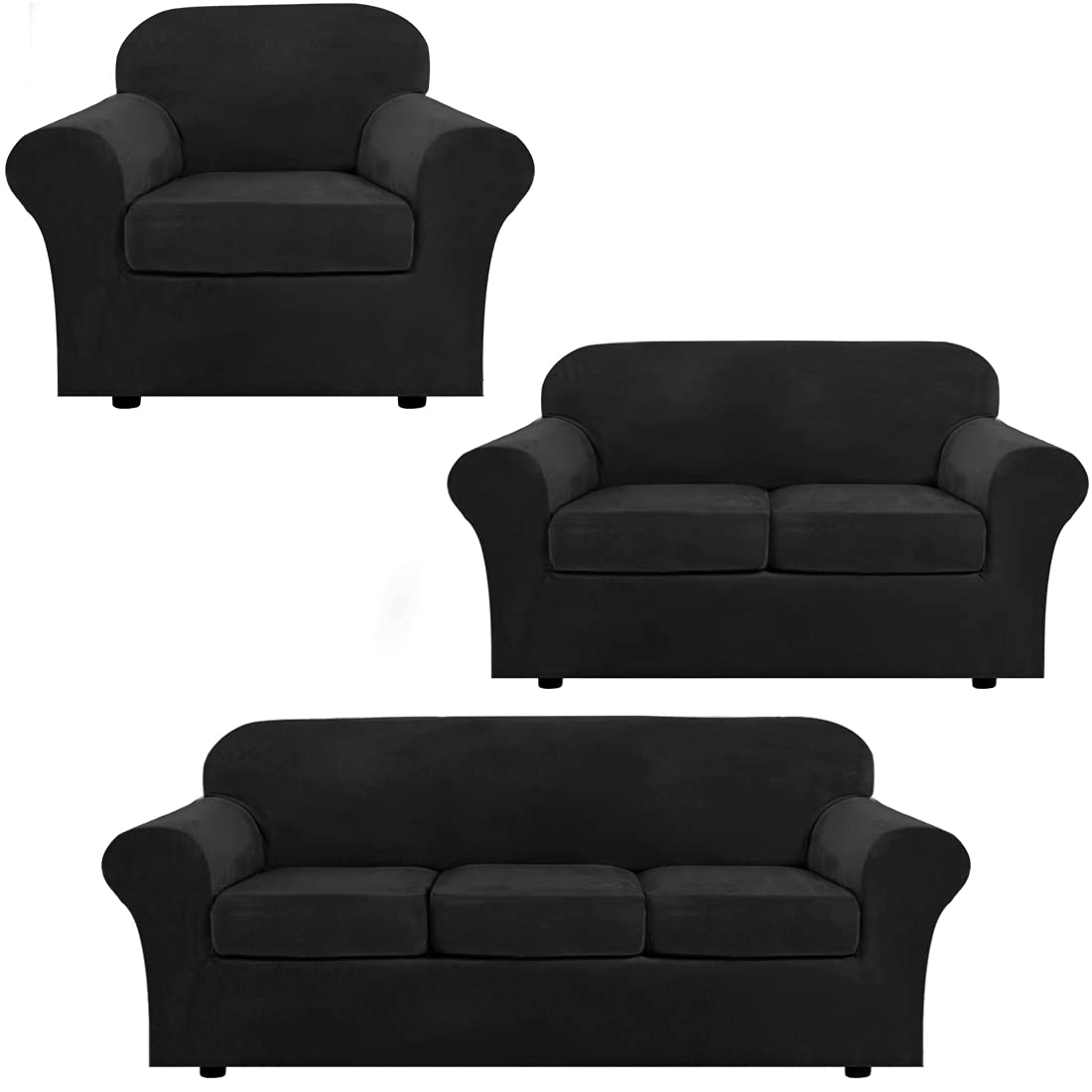 H.VERSAILTEX Velvet Stretch Sofa Covers Set - 3 Cushion Couch Cover, 2 Cushion Loveseat Cover & Armchair Slipcover (Black) - Soft Protective Furniture Covers for Living Room, Apartment, Dorm Decor