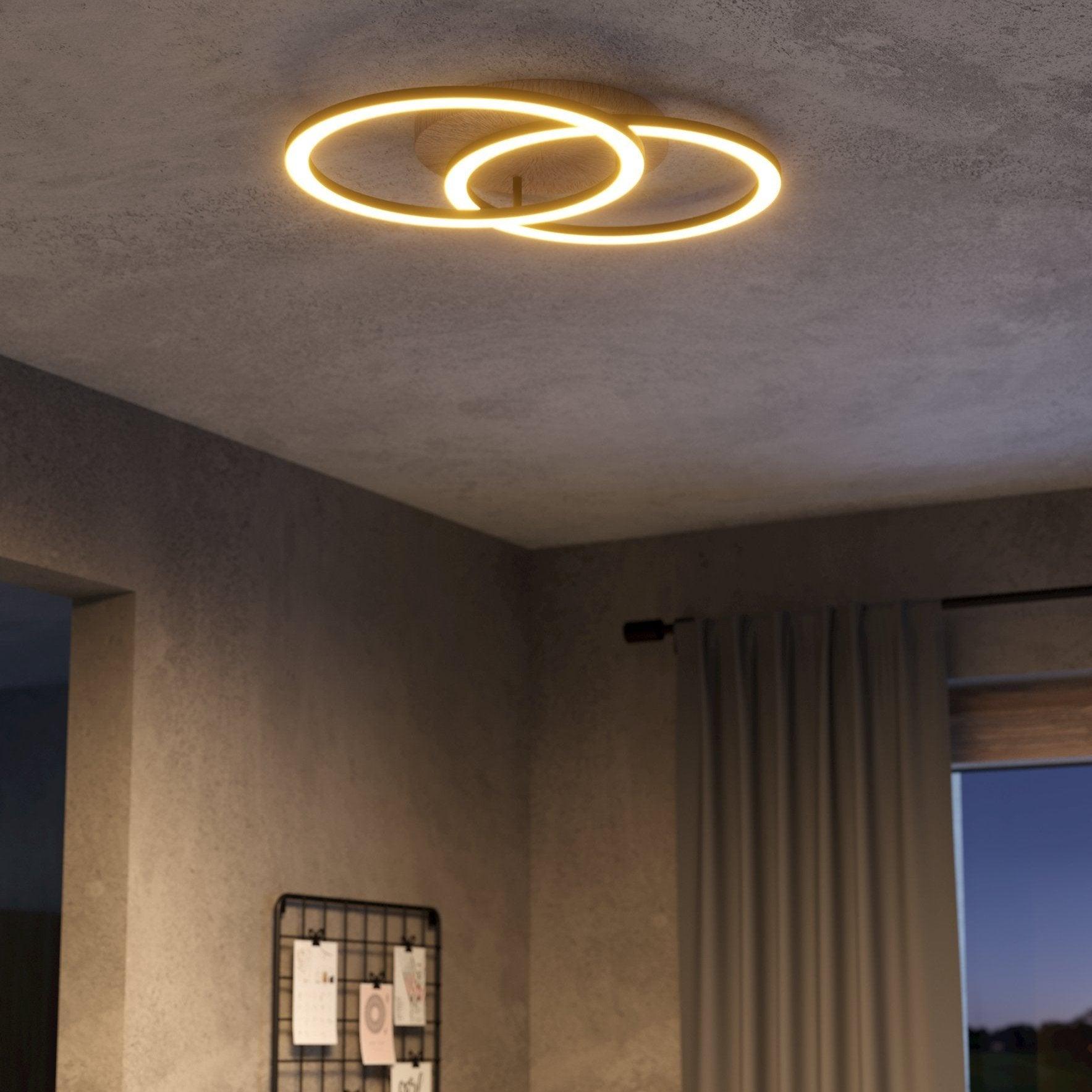 Eglo Connect Lomaltas Z Smart LED Ceiling Light with Oak Veneer - Modern Flush Mount for Living Room, Bedroom & Kitchen