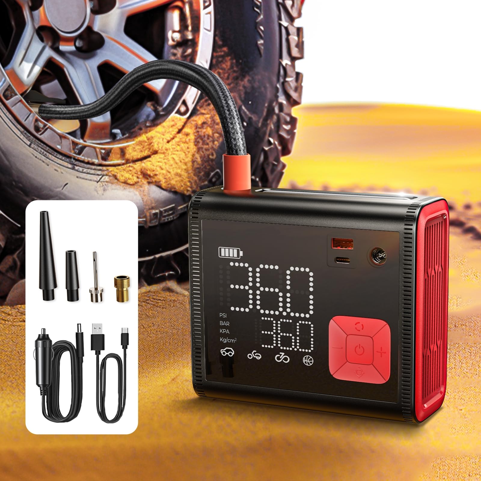LISEN 150 PSI Portable Tire Inflator - 12V DC Air Compressor for Car, Truck, SUV & Bike with 25,000mAh Battery | 4-in-1 Digital Tire Pump for Emergency Roadside Assistance & Home Garage Use