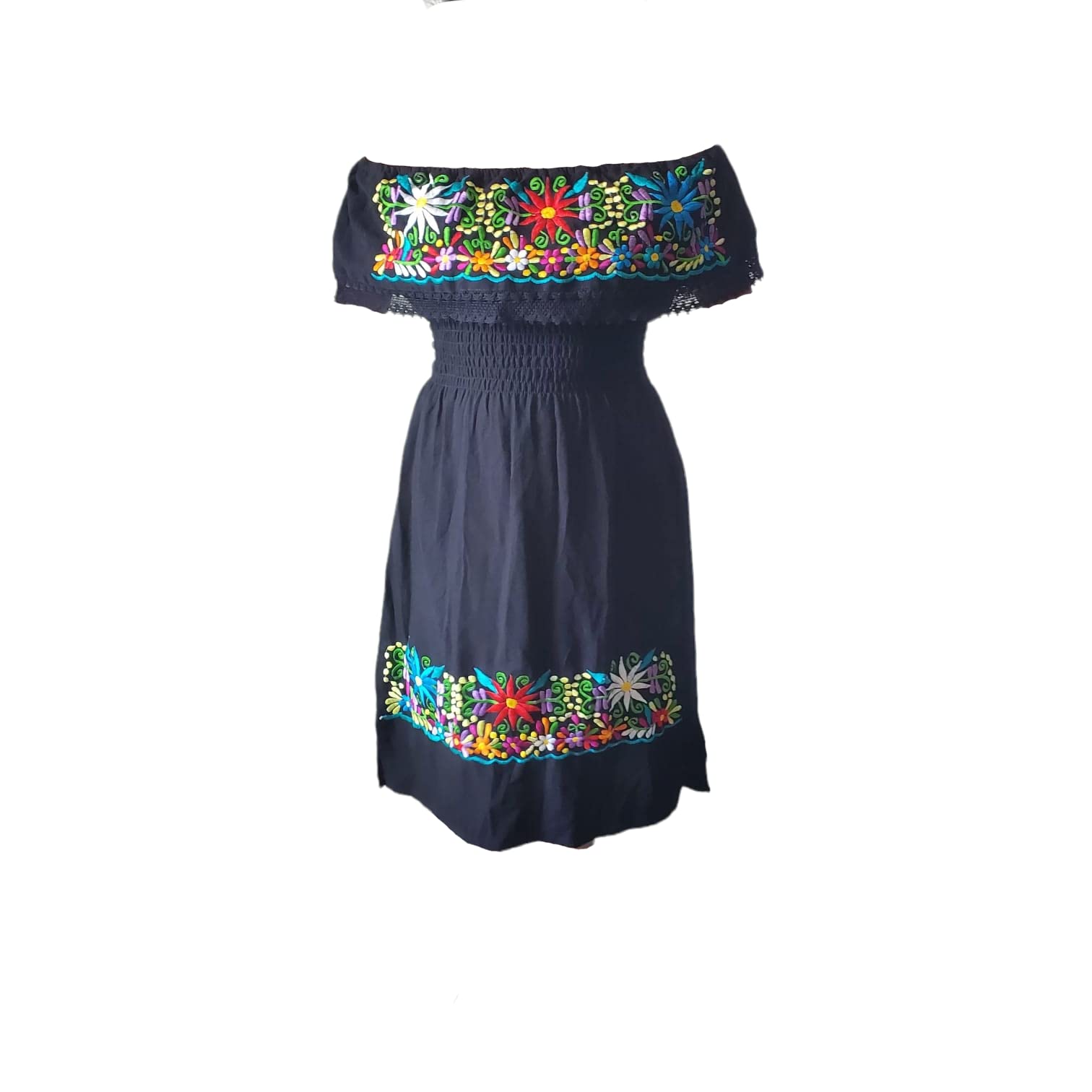 Mexican Embroidered Off-Shoulder Dress for Women - Knee-Length Black Campesina Dress | Day of the Dead Celebration, Fiesta Party, Cinco de Mayo Outfit (Size M)