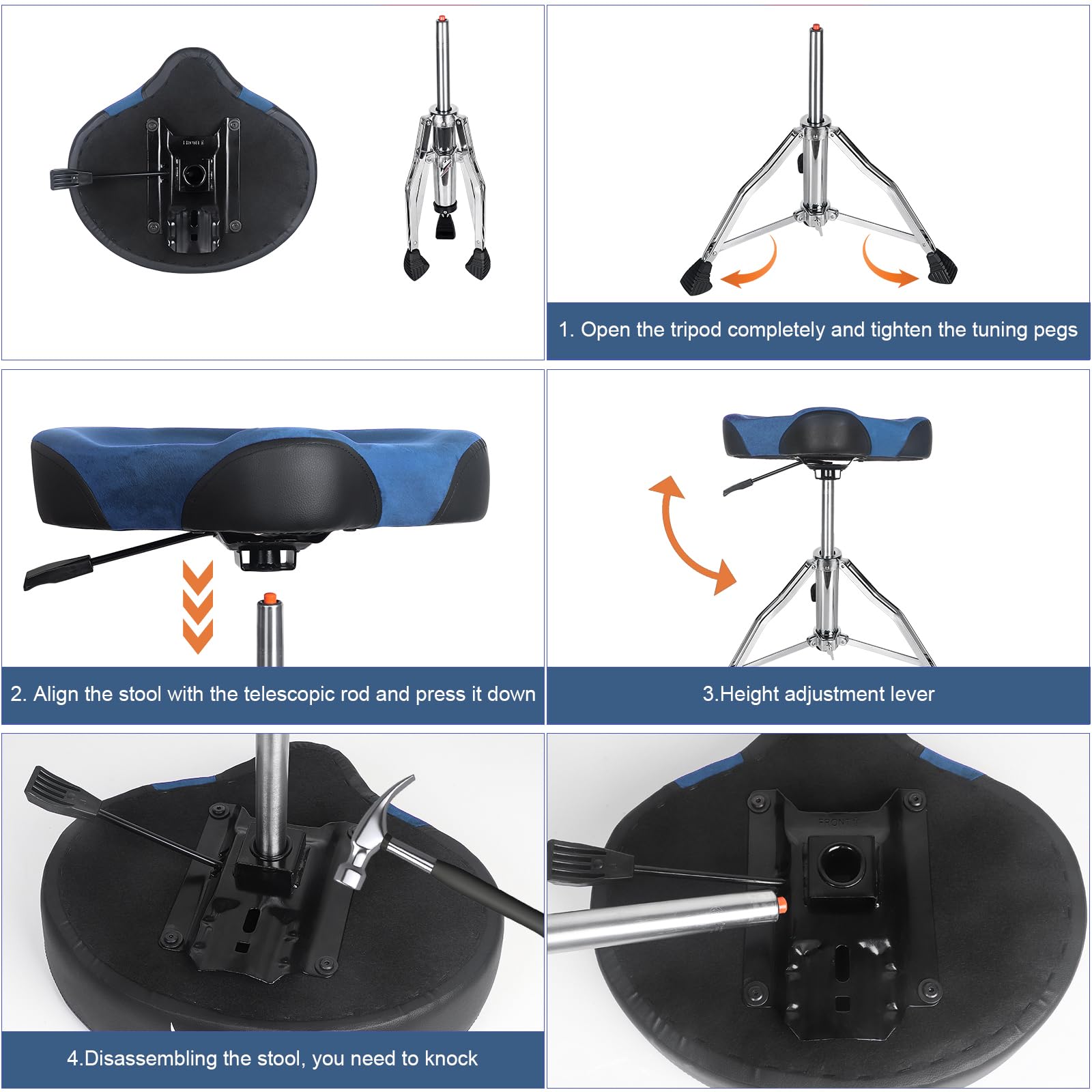 AKOLT Heavy Duty Hydraulic Drum Throne - Adjustable Height Suede Drum Seat with Motorcycle Style Design for Adult Drummers (Dark Blue) - Perfect for Drum Kits, Live Performances & Music Studios