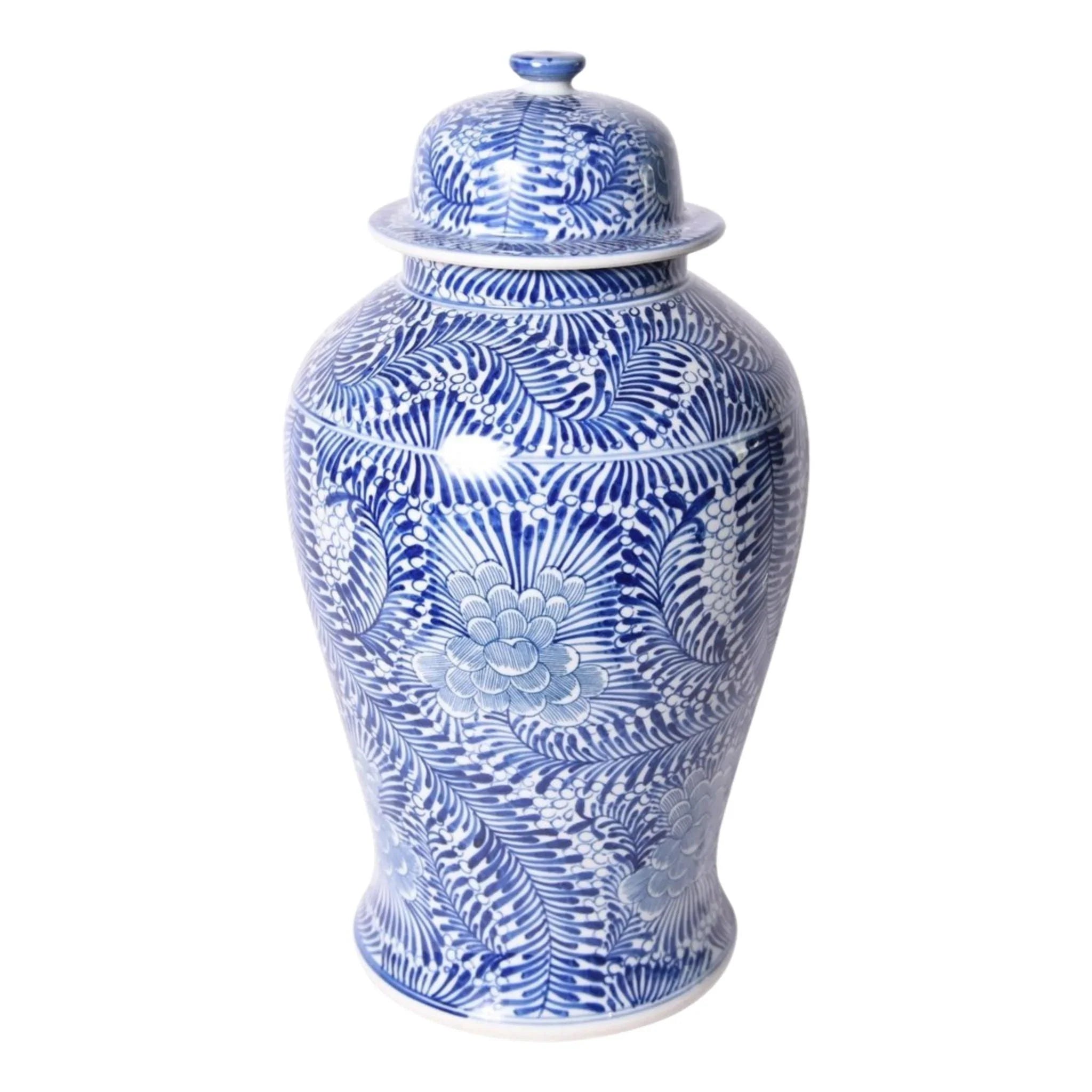 Exquisite Blue and White Porcelain Temple Jar with Blooming Flowers Design - Handcrafted Asian Home Decor for Living Room, Office & Meditation Space