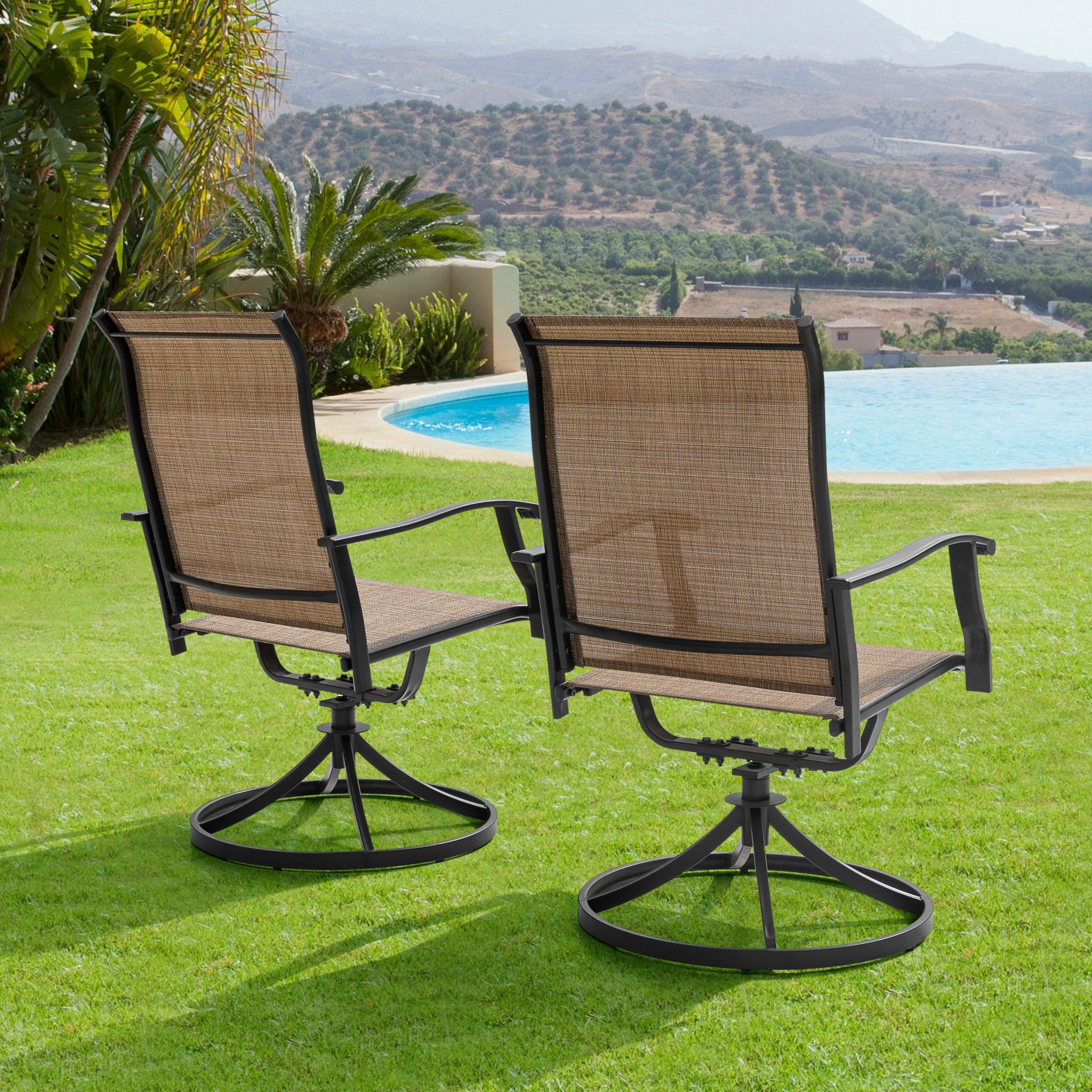 NUU GARDEN Patio Dining Chairs Set of 4 & Swivel Sling Chairs Set of 2 - All-Weather Textilene Outdoor Furniture with Iron Frame for Backyard, Lawn, Garden - Perfect for Poolside Lounging, Outdoor Dining and Patio Relaxation (Brown)