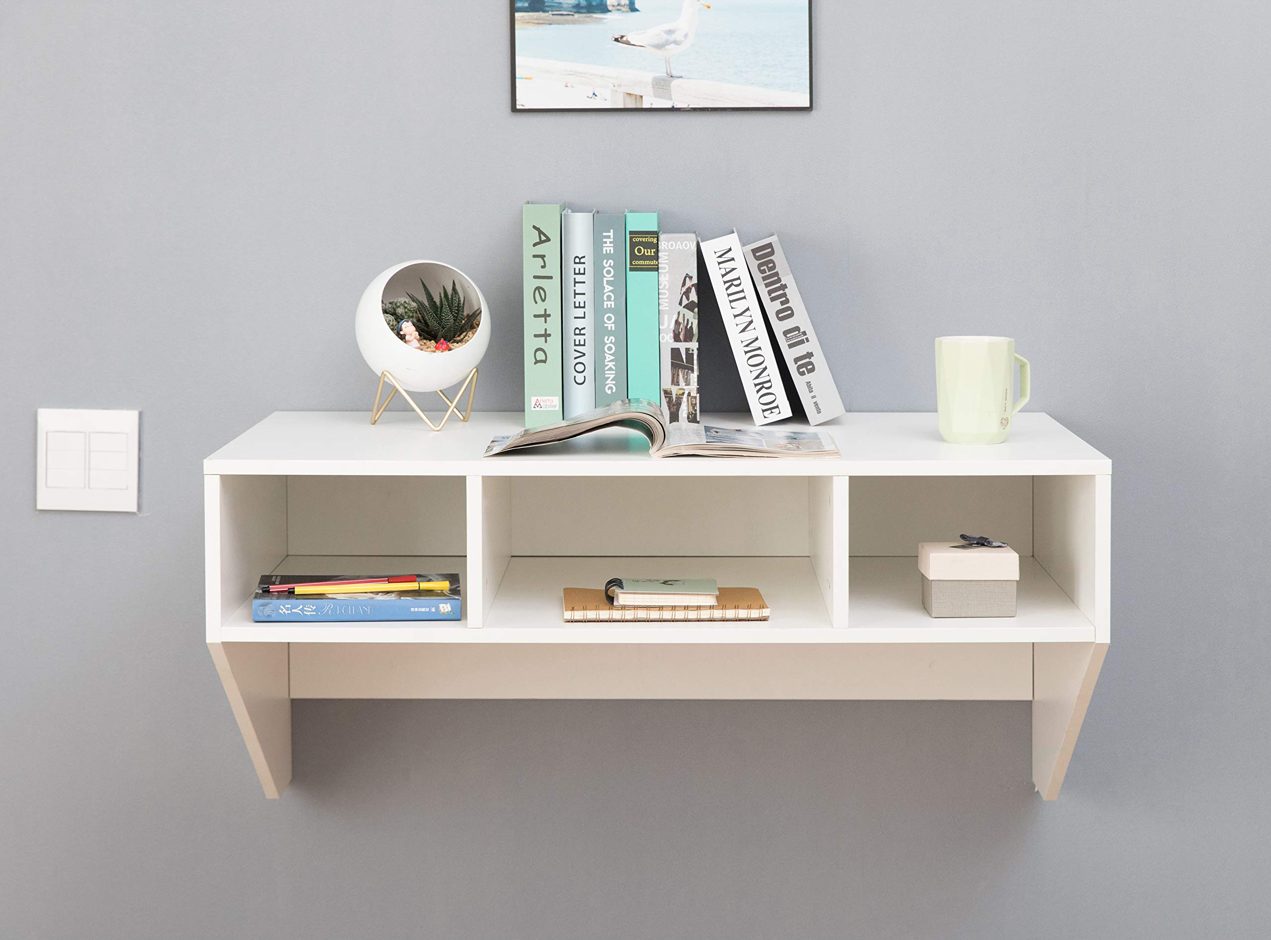 Wall Mounted Office Computer Desk with 3 Compartments - Space Saving Floating Workstation for Small Spaces, Home Office & Study Room - White Modern Design