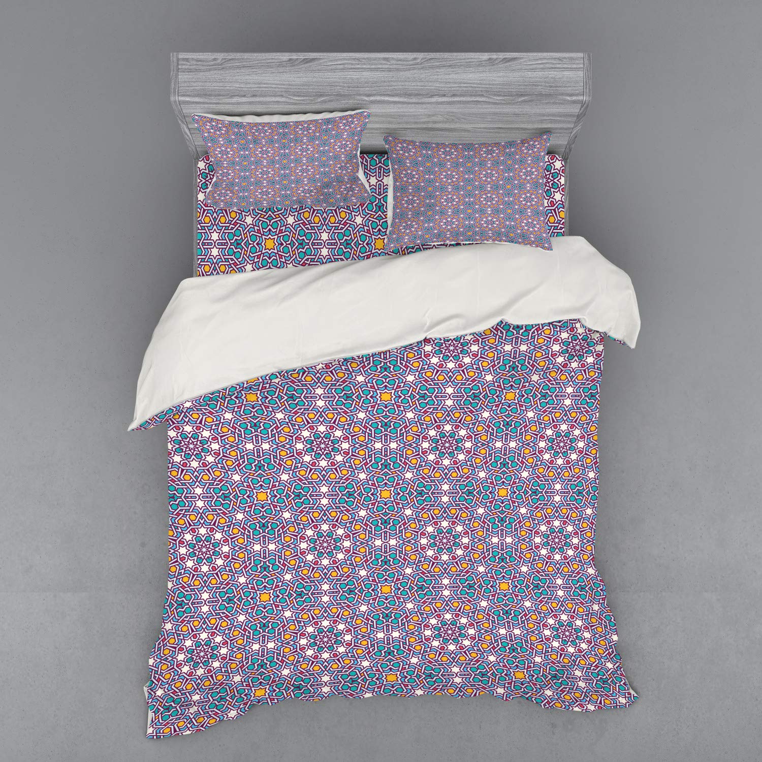 Ambesonne Moroccan Queen Size 4-Piece Bedding Set - Star Pattern Traditional Oriental Design Duvet Cover with Shams & Fitted Sheet, Multicolor | Bohemian Bedroom Decor, Guest Room Essentials, Cozy Home Textiles