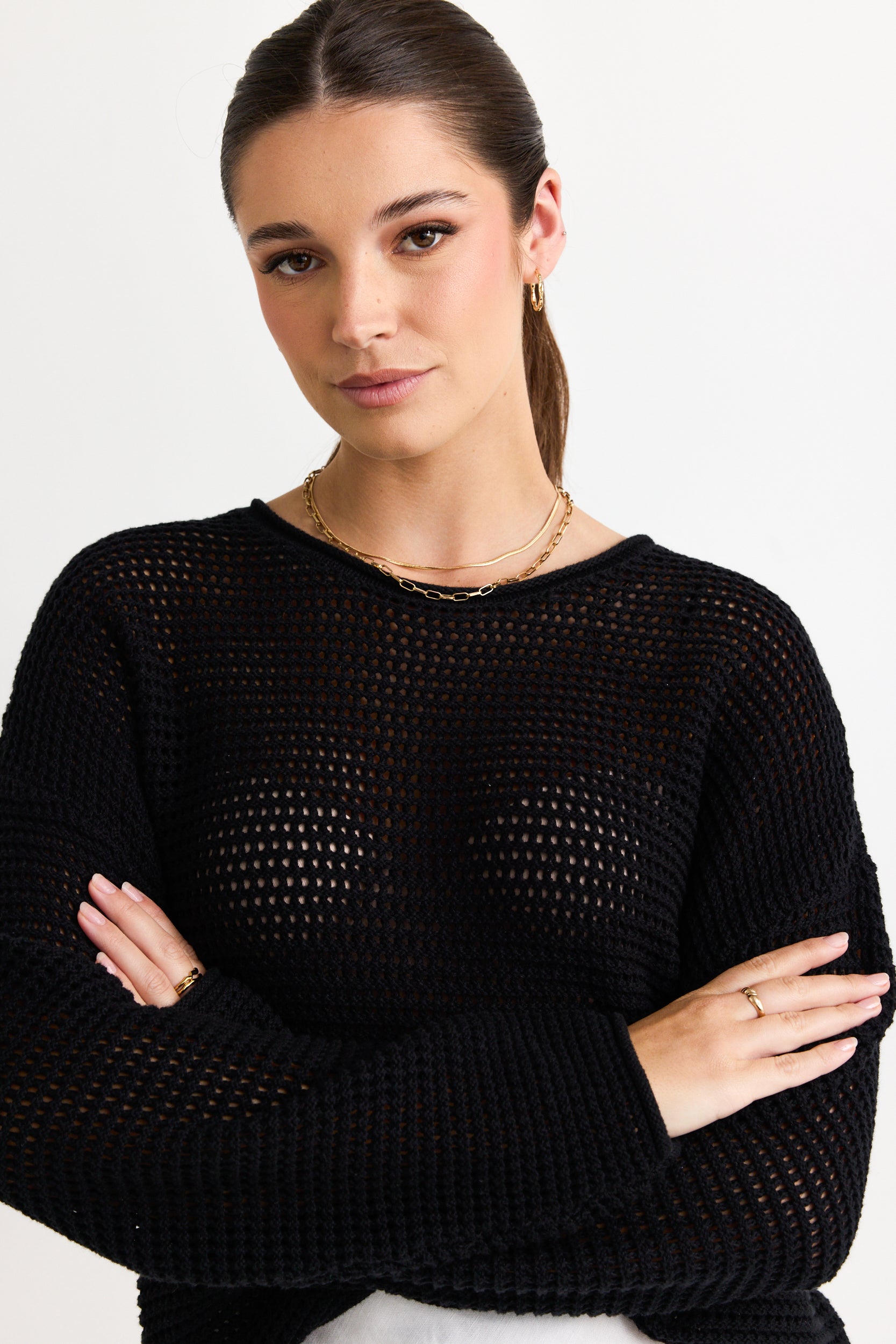 Black Crochet Knit Jumper for Women - Elegant Lace Pullover Sweater for Fall & Winter - Perfect for Casual Outfits, Date Nights and Office Wear