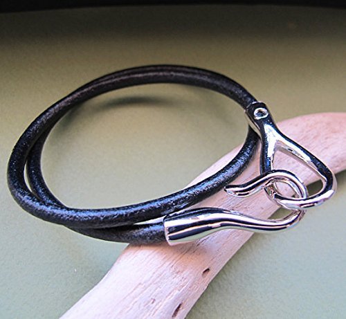 Silver Hook Bracelet for Men - Black Leather Cord Wristband with Secure Hook Closure - Stylish Wrap Bracelet for Him - Durable Leather Mens Jewelry - Perfect for Casual Wear, Date Nights & Gifts