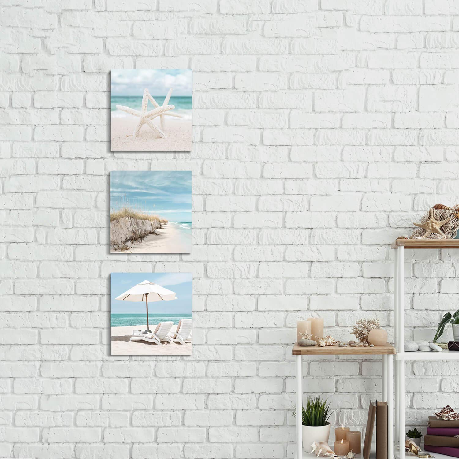 Coastal Canvas Wall Art Print - Set of 3 Starfish & Beach Chair Paintings (12x12 Inch) for Beach House Decor, Living Room & Bedroom Wall Decor | Nautical Themed Home Artwork