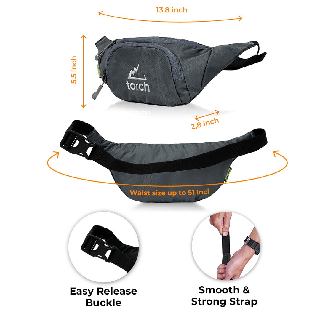 TORCH Men's Fanny Pack - Lightweight Waist Bag with Compass for Survival, Gym, Running, Hiking & Cycling - Perfect for Outdoor Adventures, Dog Walking & Travel - Vallejo (Grey)