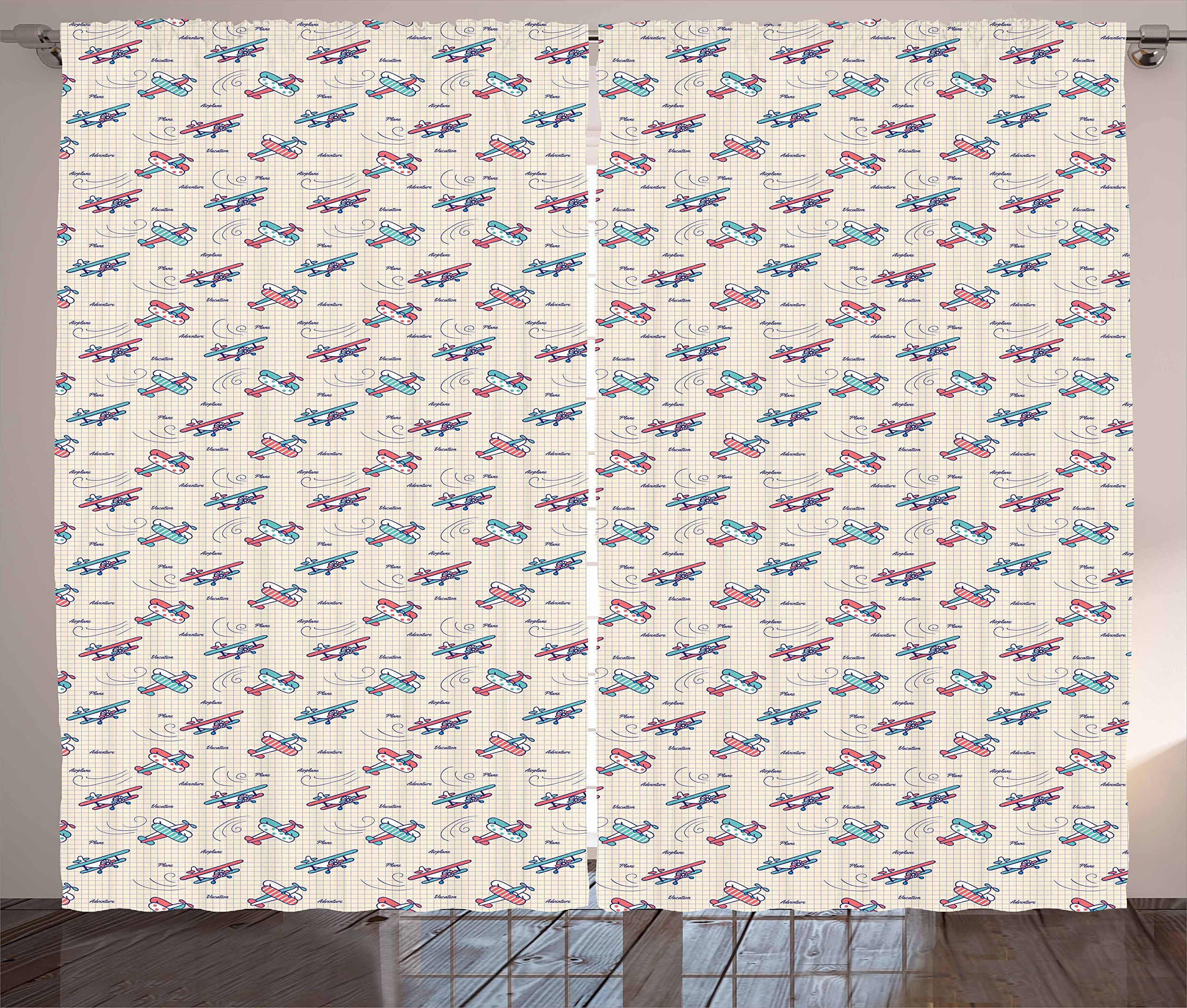 Vintage Airplane Curtains - Colorful Aircraft Design on Notebook Background for Adventure & Exploration Theme, 2 Panel Set (108