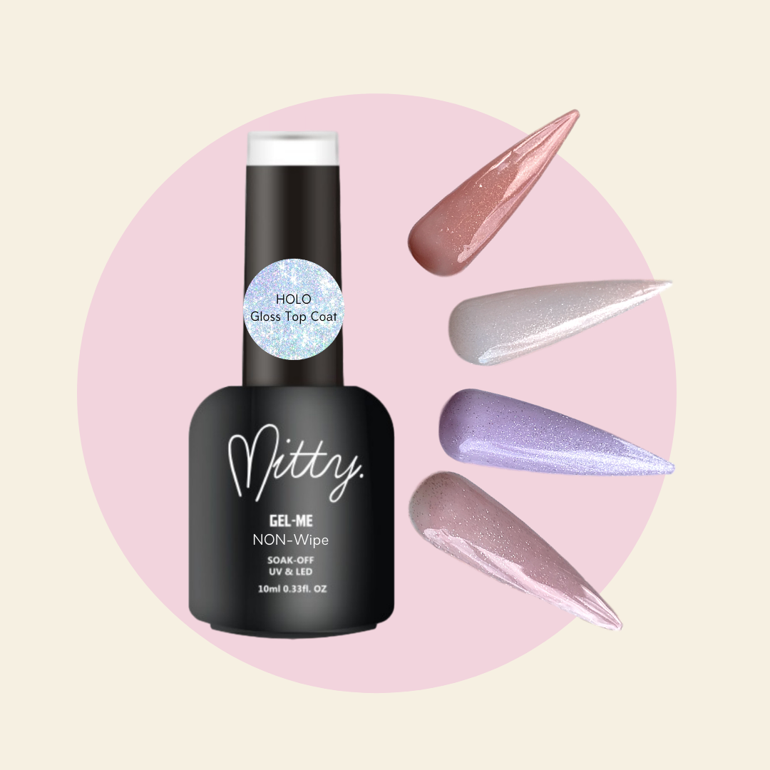 Mitty Non-Wipe Holographic Gloss Top Coat 10ml - Long-Lasting Shine for Nails - Perfect for Salons, Home Manicures & Special Occasions