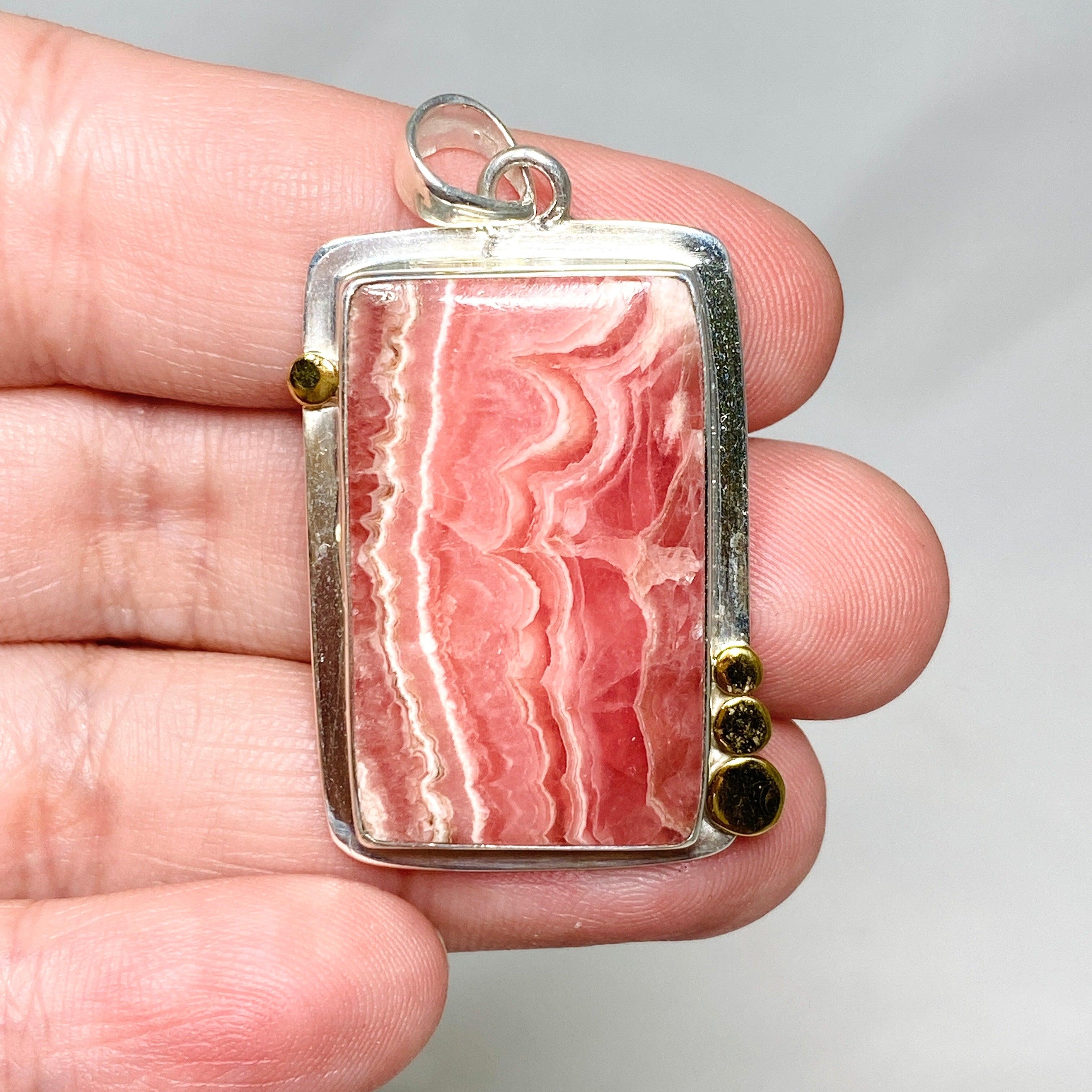 Rhodochrosite Rectangular Pendant with Brass Accents KPGJ4324 - Elegant Gemstone Jewelry for Women, Gift for Her, Perfect for Valentine's Day & Anniversary