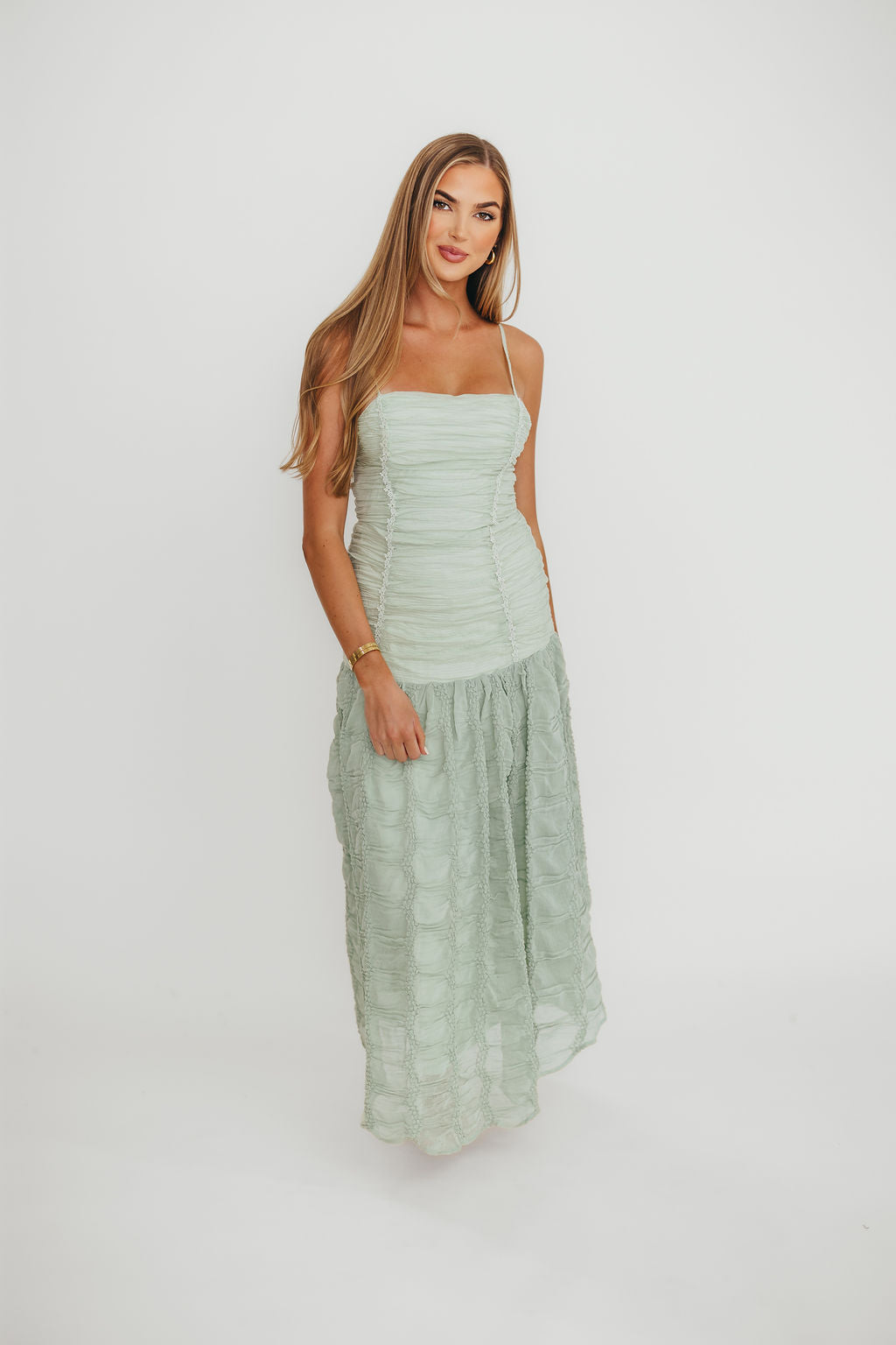 Rosie Ruched Maxi Dress in Mint Green - Elegant Flowy Long Dress for Women, Perfect for Weddings, Beach Vacations & Summer Parties