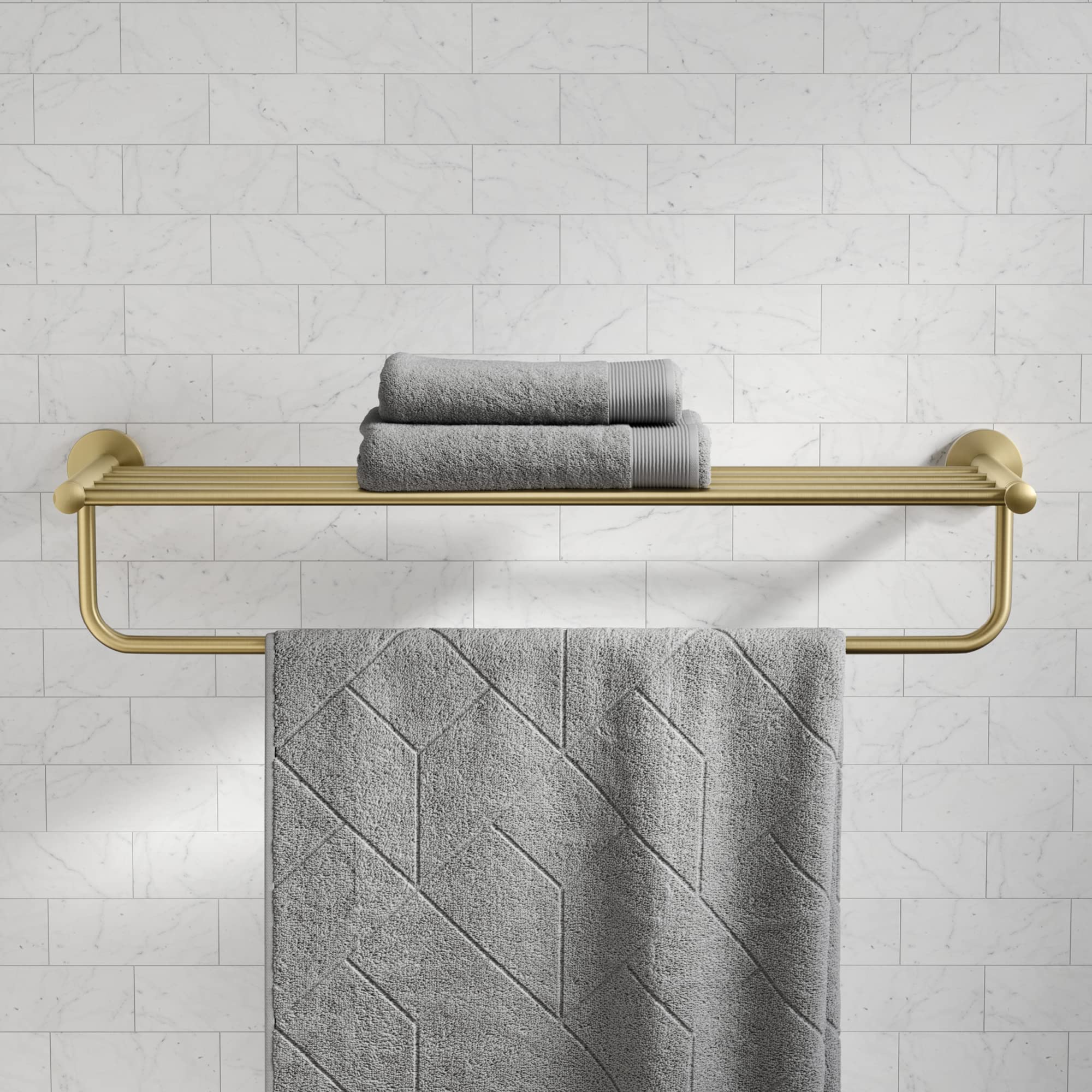 KRAUS Elie Brushed Gold Bathroom Shelf with Towel Bar - Wall Mounted Storage Organizer for Towels & Toiletries | Perfect for Small Bathrooms, Powder Rooms & Spa-Style Decor (Model KEA-18842BG)