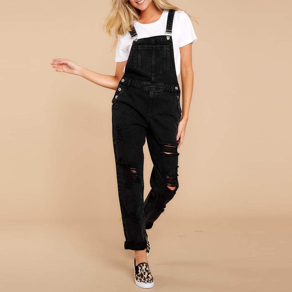 Cenlang Women's Black Ripped Denim Dungaree Overalls - Regular Fit Jumpsuit with Pockets | Casual Wear, Street Style, Workwear & Fashion Outfits