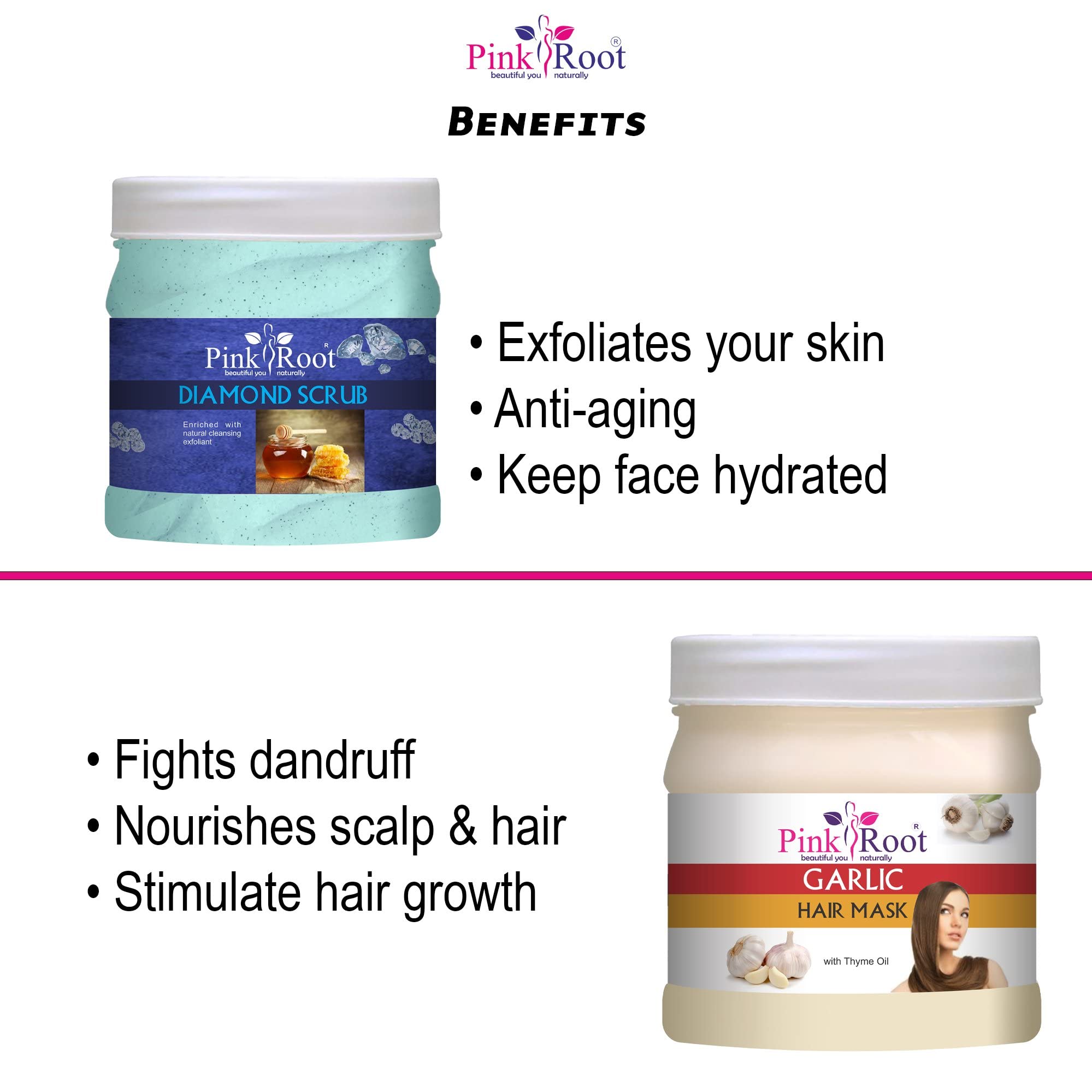 Pink Root Diamond Hair Scrub 500g with Garlic Hair Mask 500g - Natural Hair Growth Treatment for Dry & Damaged Hair | Scalp Exfoliator & Deep Conditioning Set for Women & Men