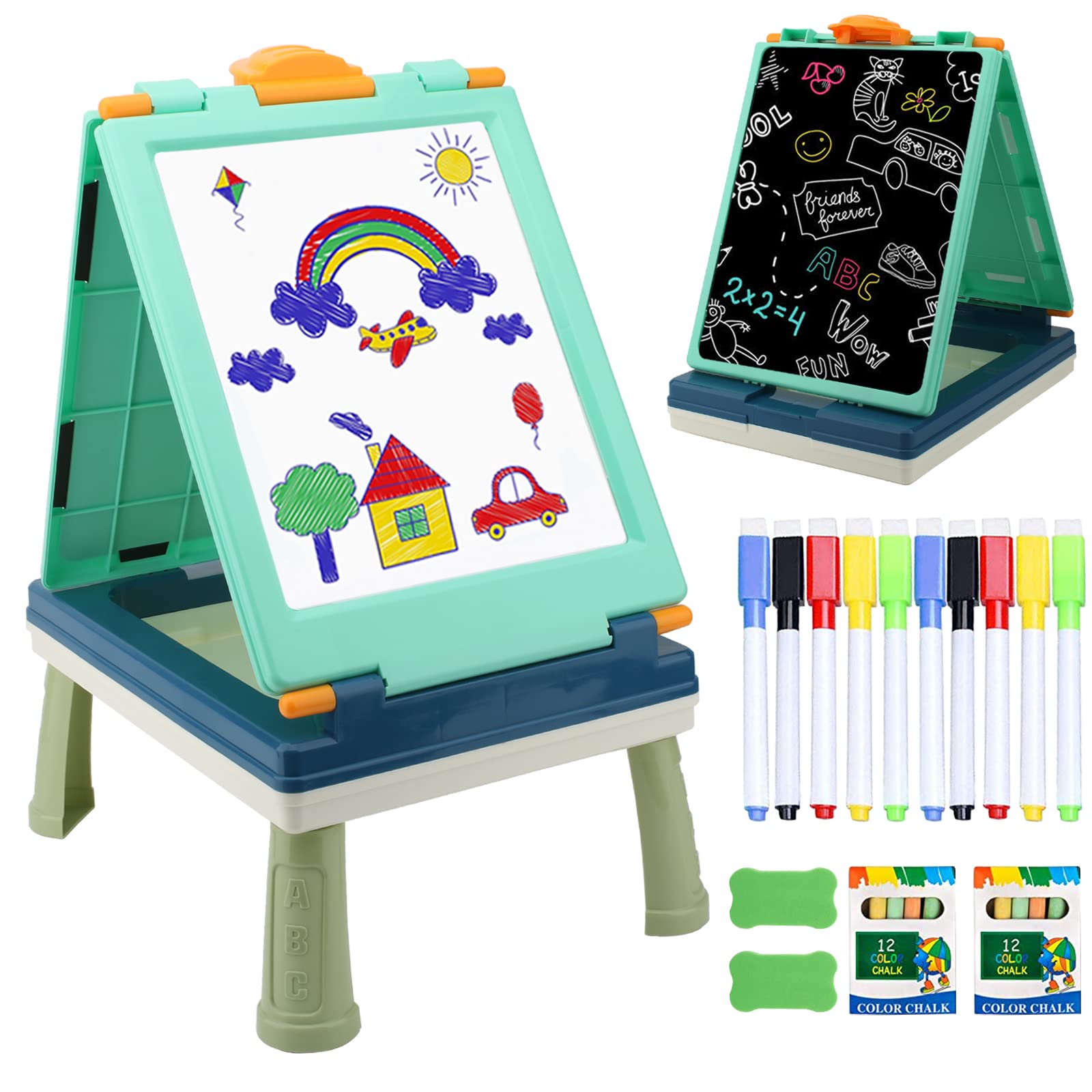 Double Sided Foldable Kids Table Art Easel with Chalkboard & Whiteboard - Portable Tabletop Drawing Stand for Boys & Girls - Includes Graffiti & Board Game Accessories (Blue) - Perfect for Home, Classroom & Travel Art Activities