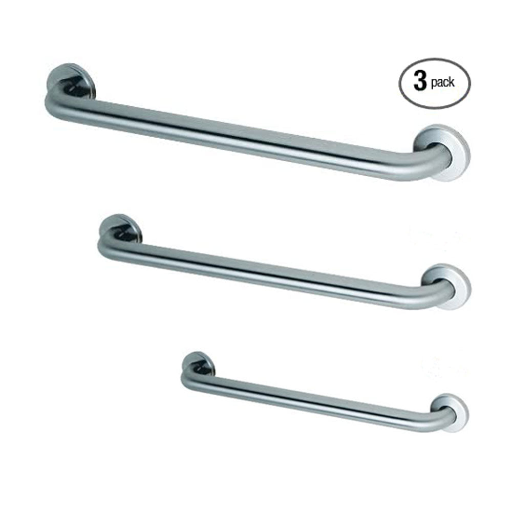 ASI 3801 Commercial Restroom Grab Bar Bundle - 3 Pack ADA Compliant Safety Bars for Bathroom Accessibility | Ideal for Public Restrooms, Hospitals & Elderly Care Facilities