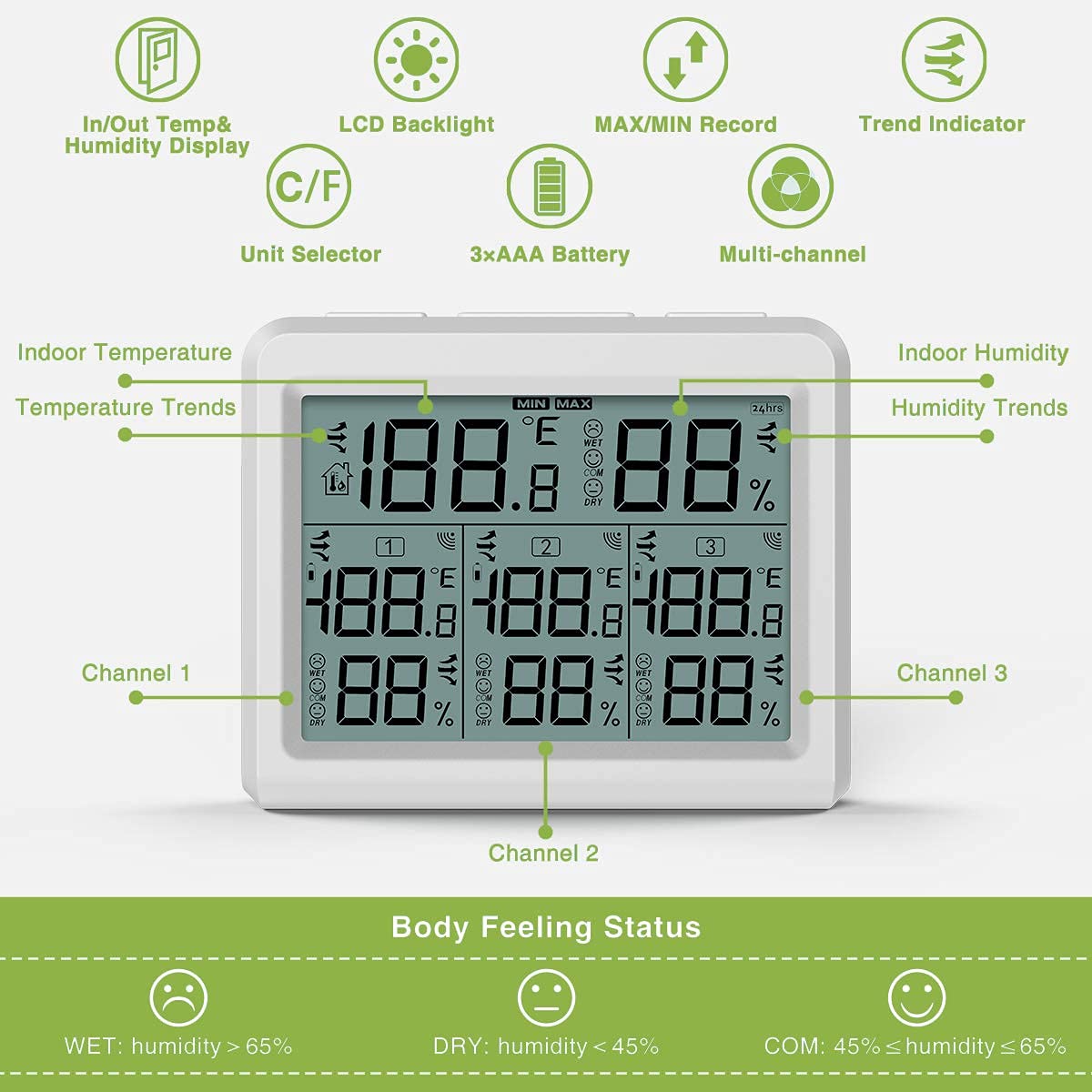 KeeKit Wireless Digital Hygrometer Thermometer with 3 Sensors - Indoor Outdoor Temperature Humidity Monitor with LCD Backlight, Min/Max Records - Perfect for Home, Office, Restaurant, Bar, Cafe, Greenhouse & Wine Cellar