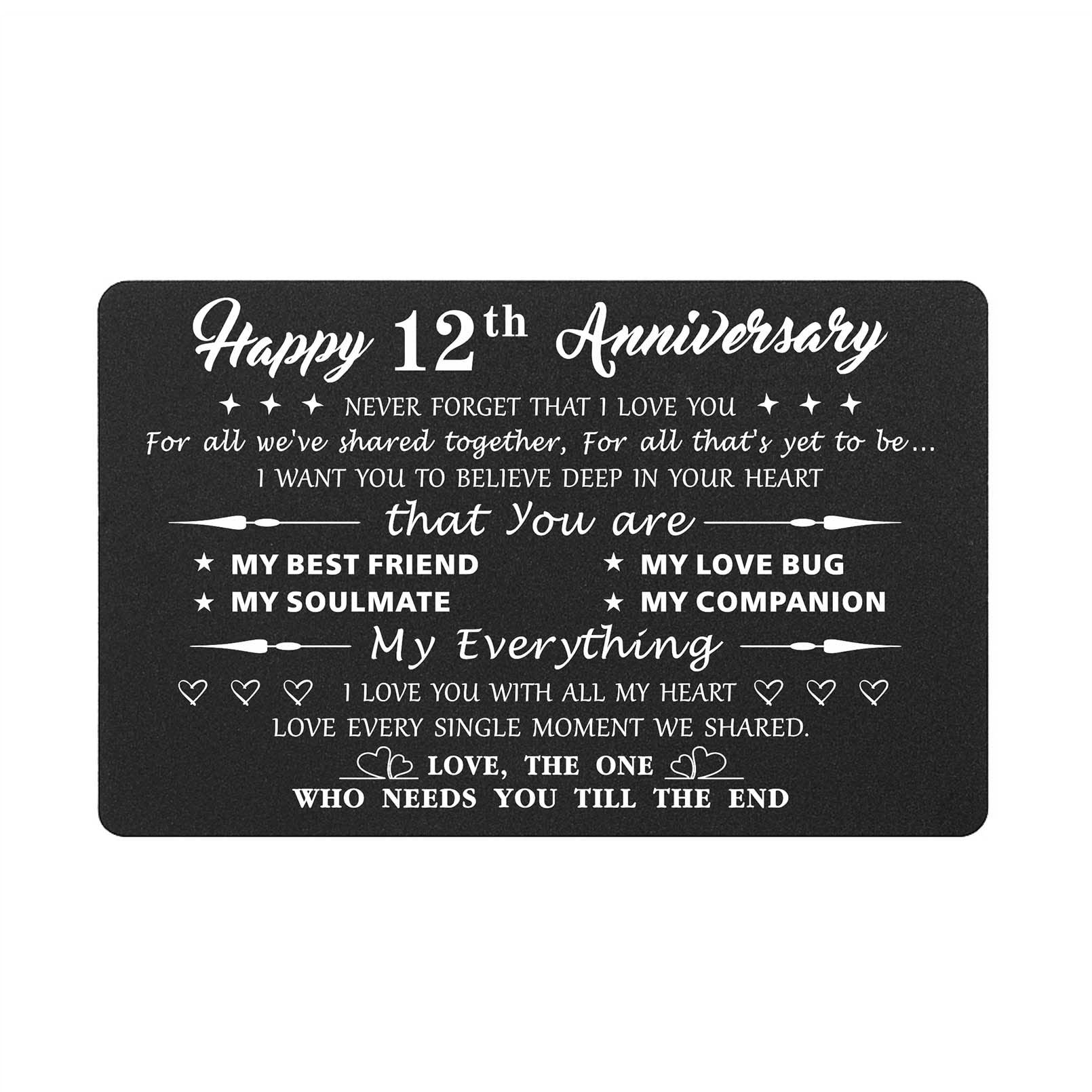 12th Anniversary Card Gift for Husband or Wife - Engraved Metal Wallet Card with 'Never Forget I Love You' Message - Romantic Keepsake for 12 Year Wedding Anniversary - Perfect for Couples, Anniversaries & Special Occasions
