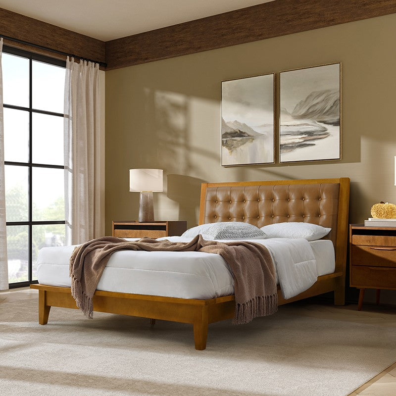 Genuine Leather & Solid Wood Platform Bed with USB Charging Ports - Modern King/Queen Size Bed Frame for Bedroom, Guest Room, or Dorm