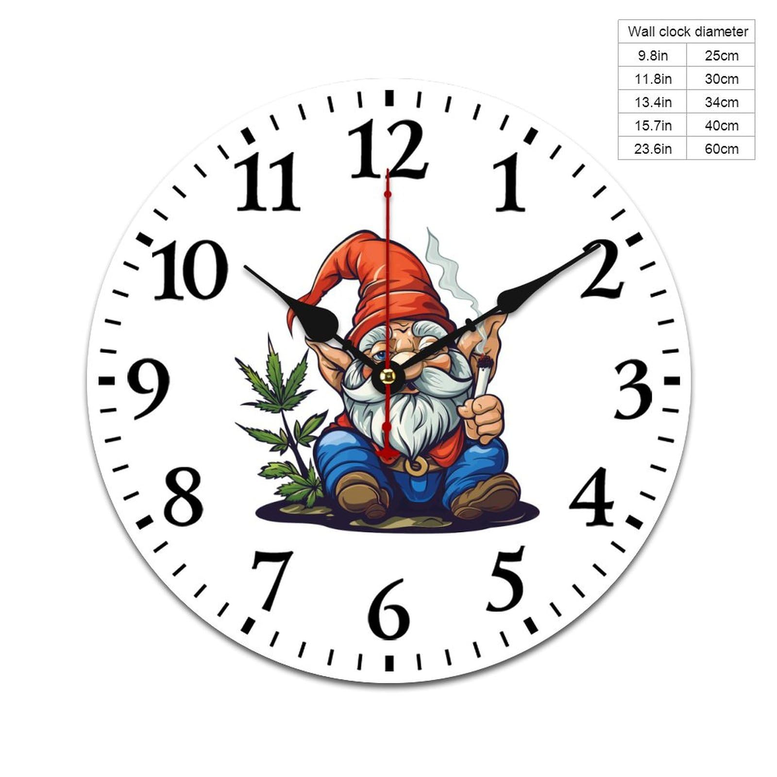 Funny Weed Gnome Wall Clock - Wooden Silent Non-Ticking Round Clock (40x40cm) Battery Operated for Kitchen, Living Room, Office & Garden Decor