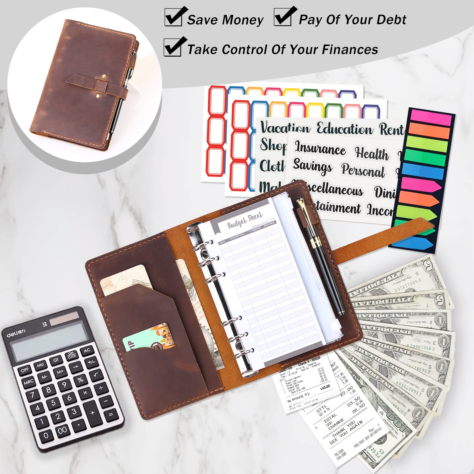Premium Handmade Leather A6 Binder with Cash Envelopes - Money Saving Budget Planner, Cash Organizer for Budgeting & Finance Management - Brown - Perfect for Personal Finance, Cash Envelope System & Expense Tracking