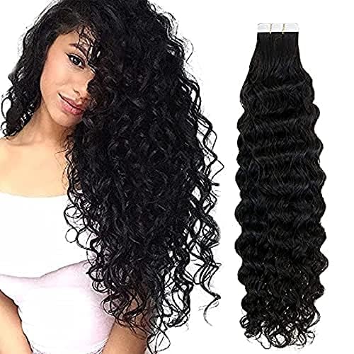 Brazilian Remy Human Hair Extensions - 100g 40pcs Loose Curly Tape in Deep Seamless Skin Weft (28inch, Natural Black) | Glue-On Hair Extensions for Volume & Length | Perfect for Parties, Weddings & Daily Styling