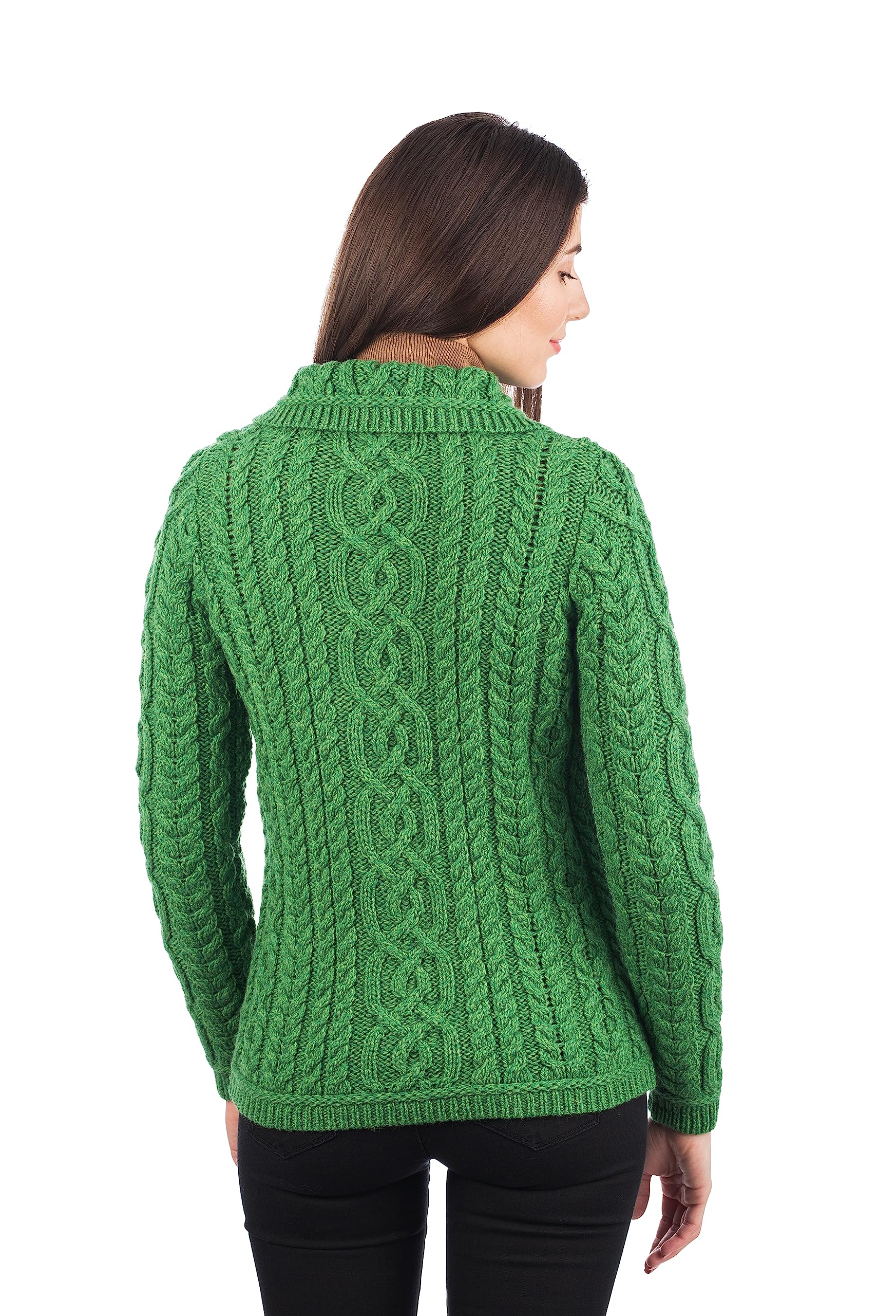 SAOL Women's 100% Merino Wool Irish Aran Cardigan Sweater - Celtic Knit Design with Pockets | Warm Winter Coat for Casual Outings & Office Wear