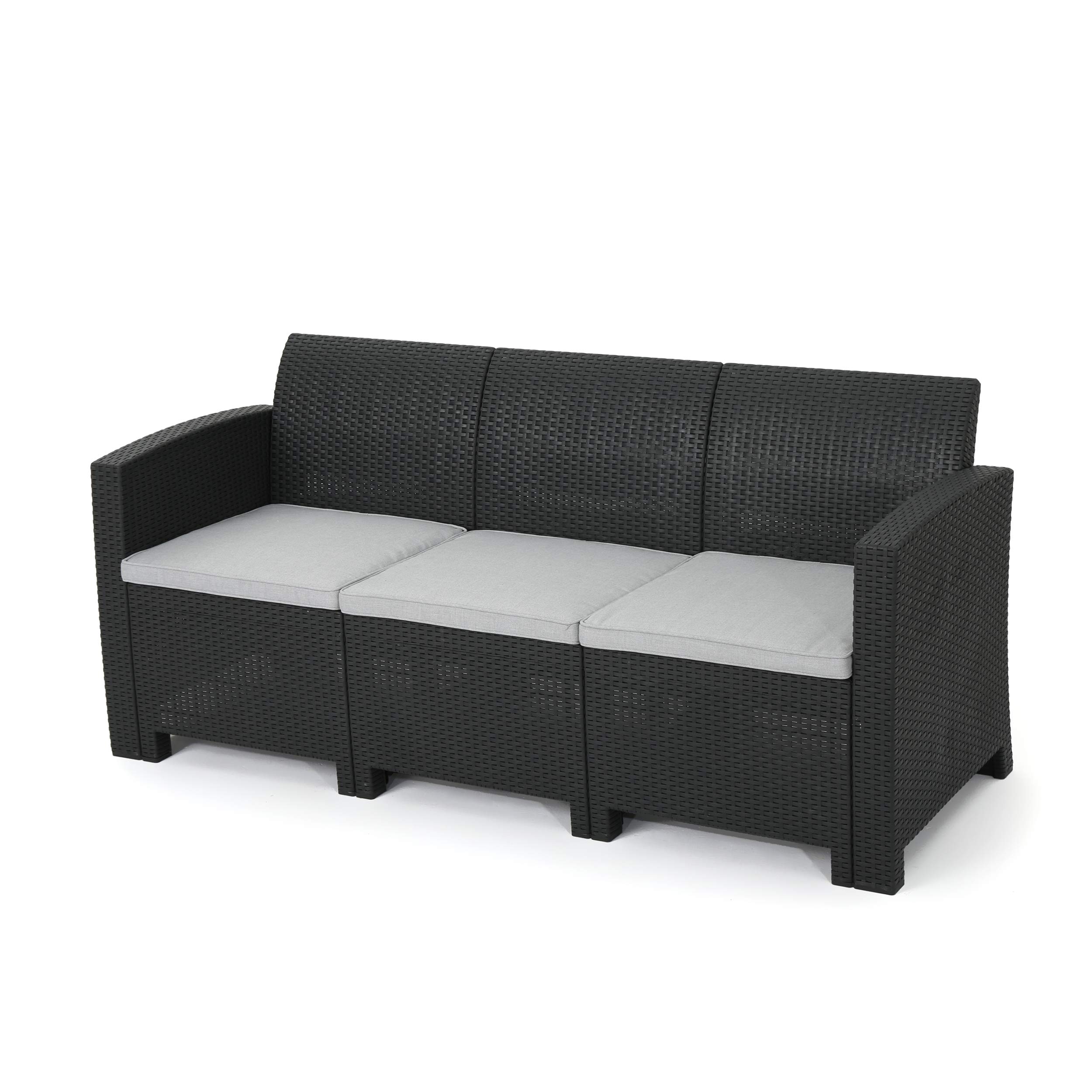 Christopher Knight Home St. Lucia Outdoor 3-Seater Faux Wicker Rattan Style Sofa with Water-Resistant Cushions in Charcoal & Light Grey - Perfect for Patio, Garden, Poolside, and Backyard Relaxation