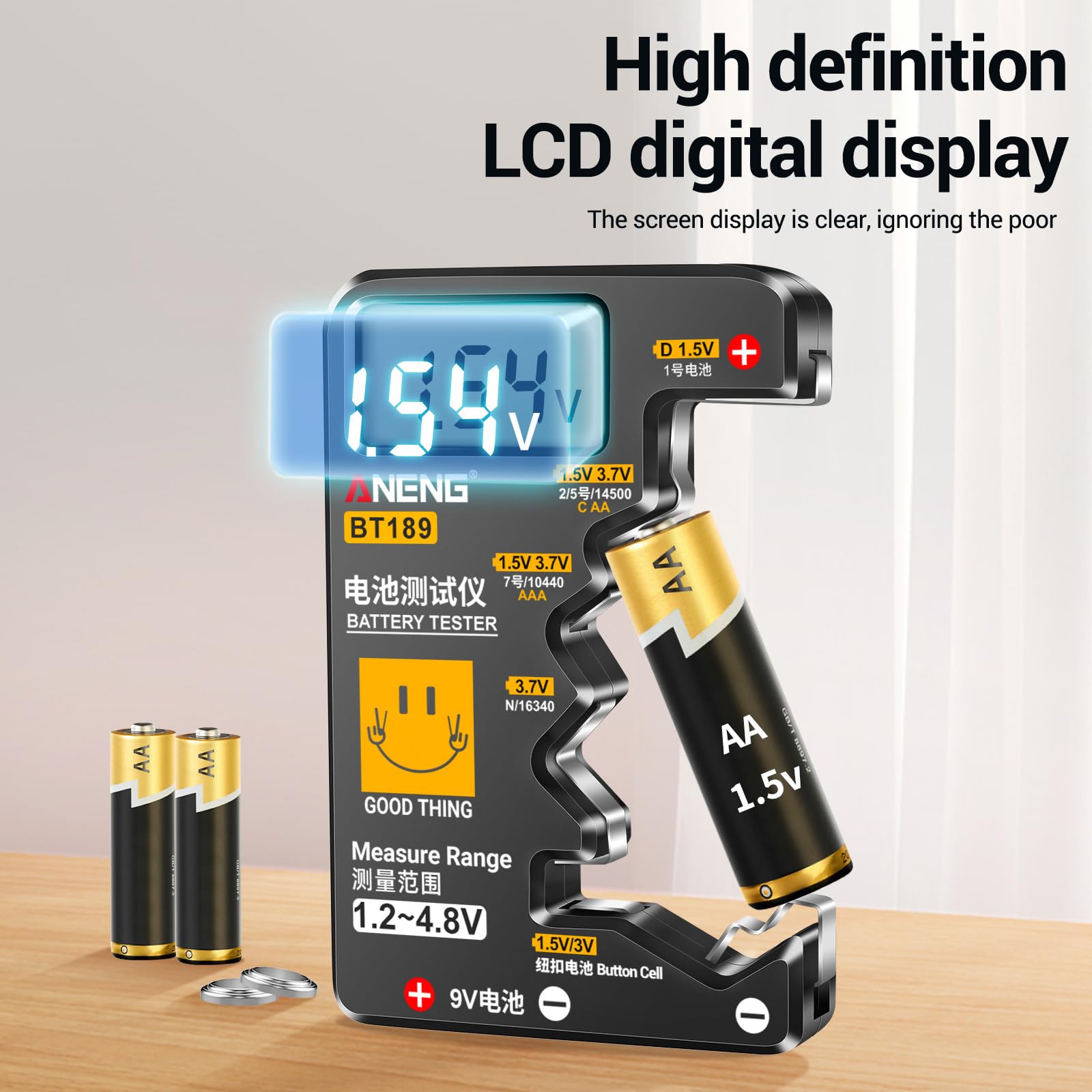 AA C-D 9V 1.5V Button Cell Battery Tester - Compact Checkered Voltage Tester for Household Batteries (Ideal for Remote Controls, Toys, Flashlights & Electronic Devices)